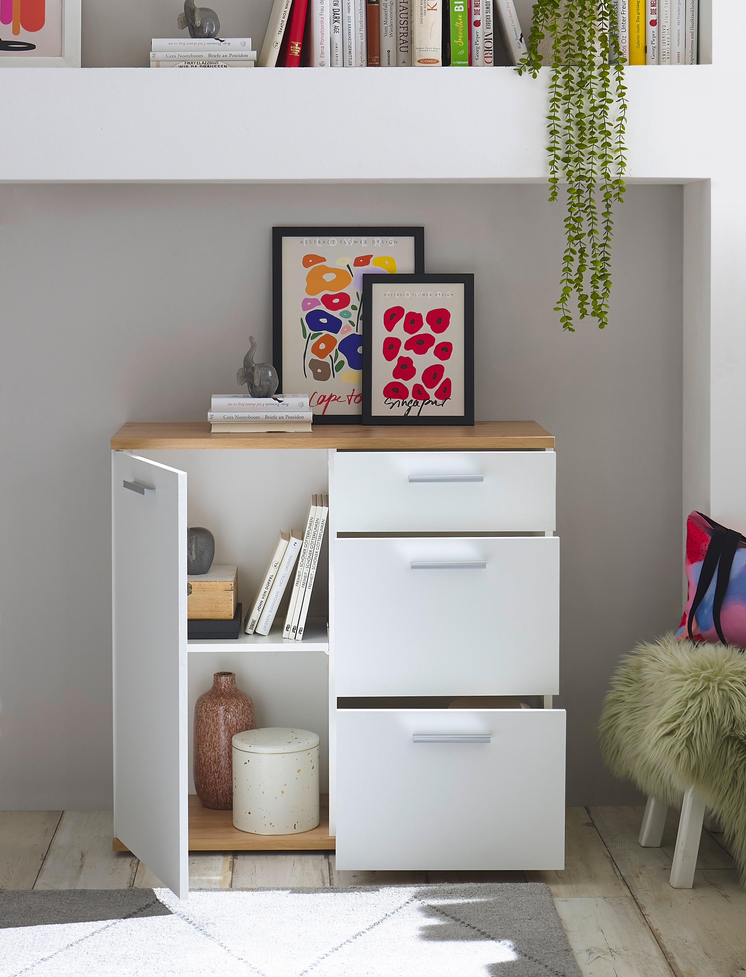 HBZ Kommode »BC1035 weiß matt, BxHxT 95x86x38 cm« Kommode mit 1 Tür, 3 Schubkästen, 1 Einlegeboden