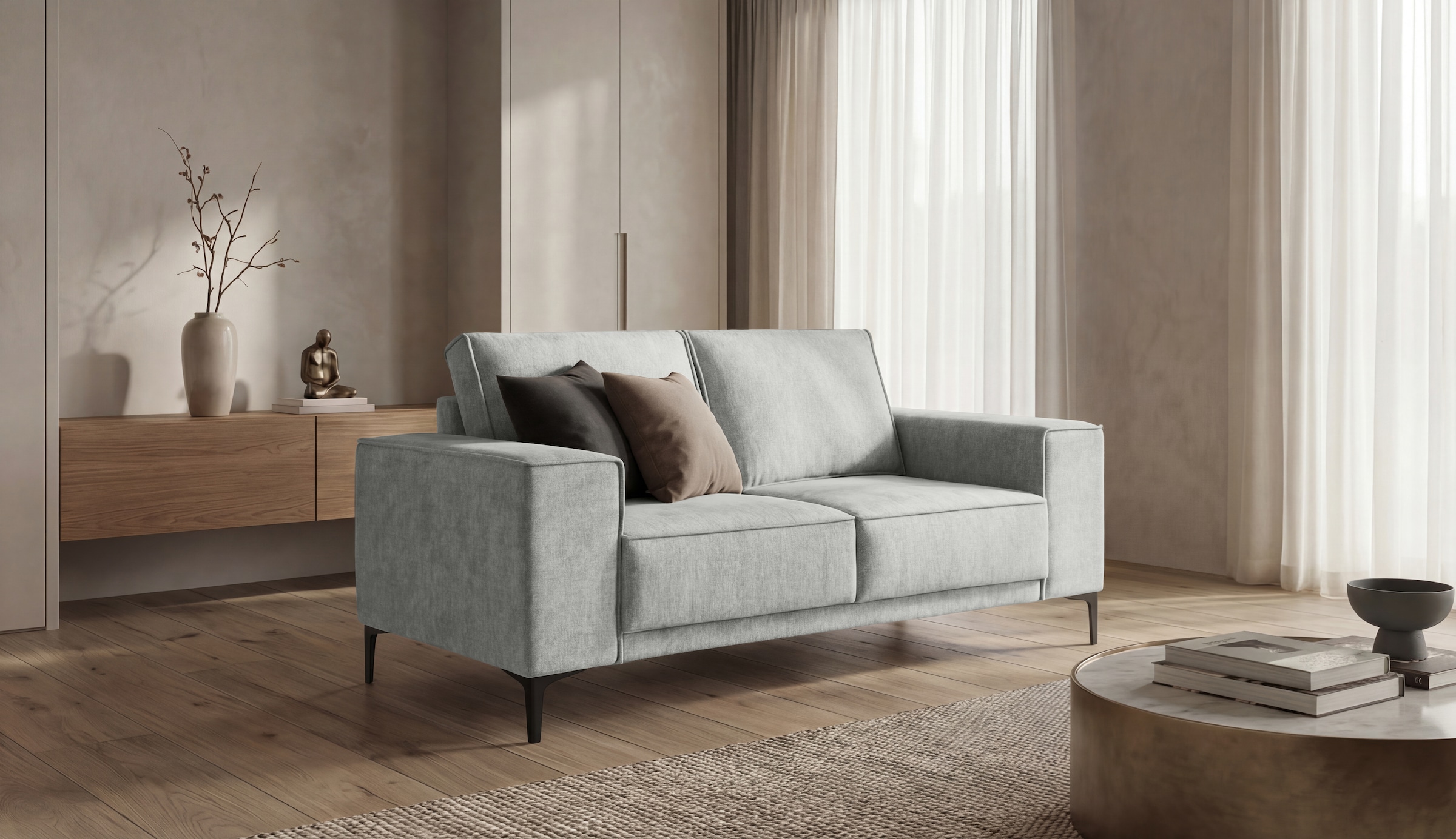 OTTO home 3-Sitzer »OLAND Bouclé, Sofa, B: 224 cm, Skandi-Design« 164 cm, Wellenunterfederung, Skandi-Design, Metallfüße