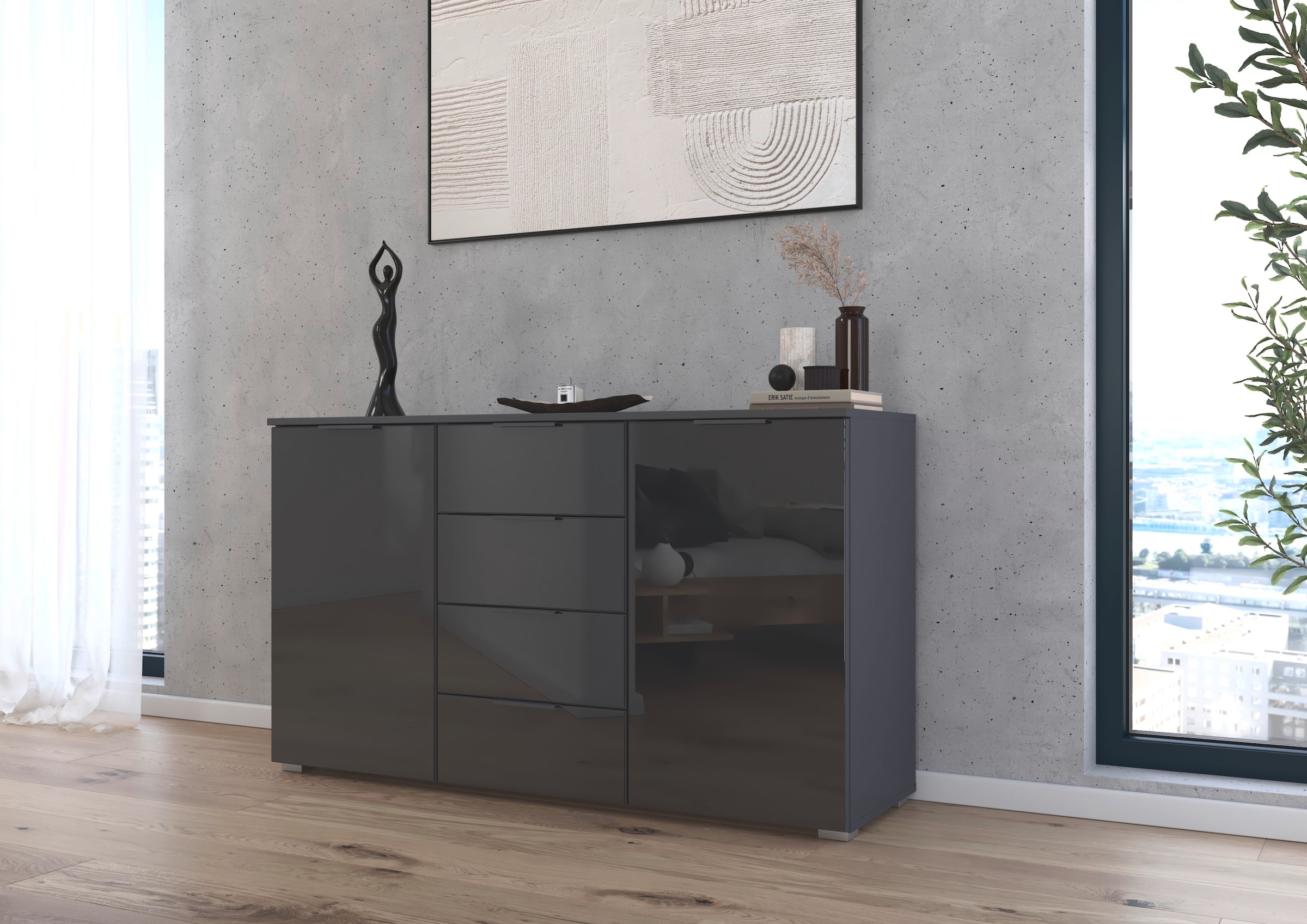 OTTO home Kombikommode »Sideboard Kombikommode Schubladenkommode AGORDO mit Glasfront« in zwei Griff-Farben, Breite 120 cm,  vier große Schubladen, mit insgesamt 4 Einlegeböden MADE IN GERMANY