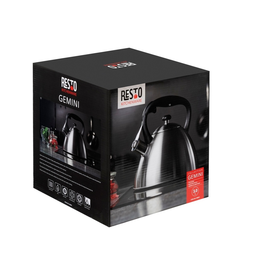 RESTO Kitchenware Wasserkessel »Gemini, Flötenkessel 3 l mit wärmespeicherndem Boden im Geschenkkarton« 1 Stk. tlg. Edelstahl