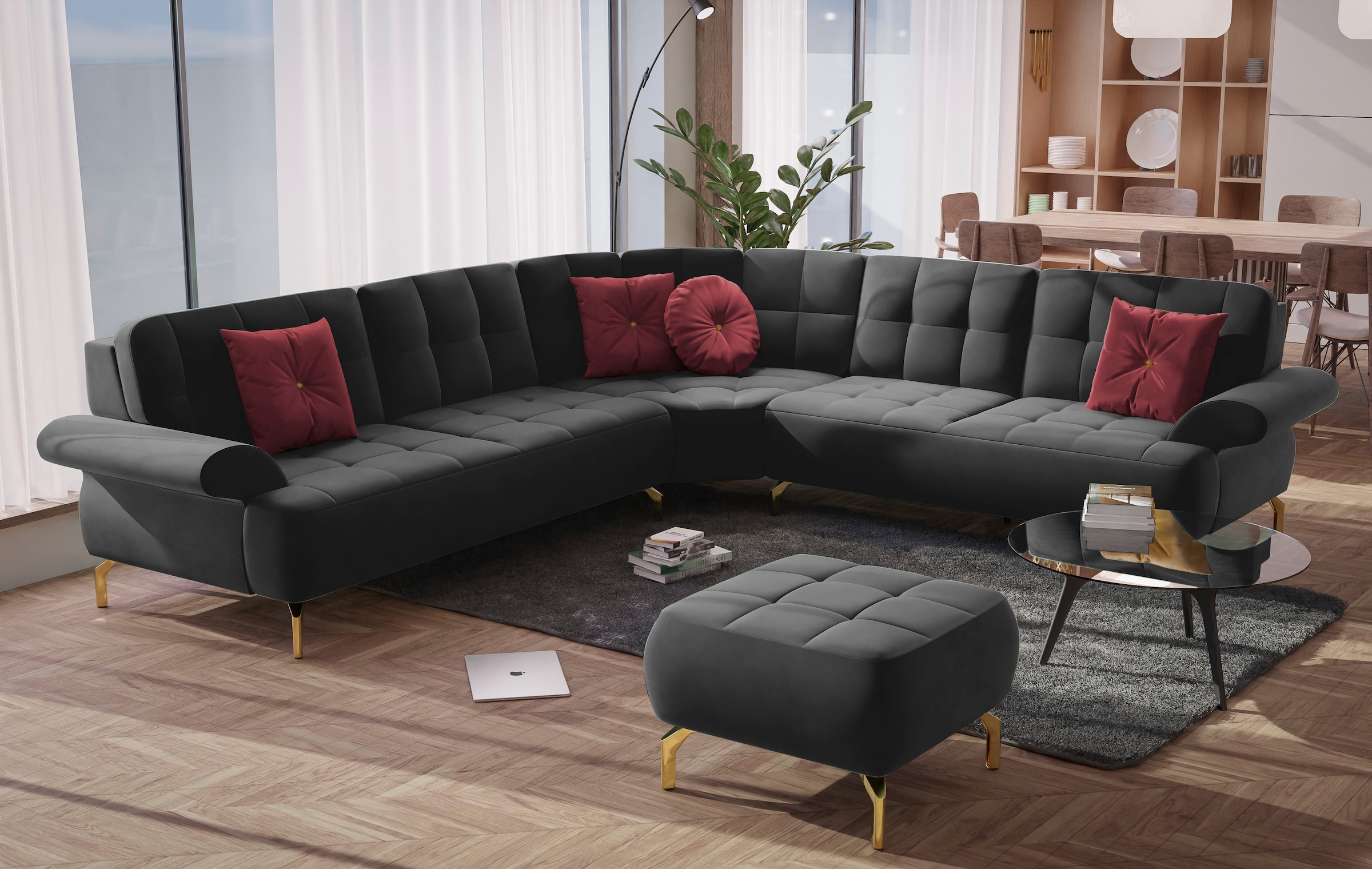 sit&more Ecksofa »Orient 1 L-Form« inkl. 4 Zierkissen mit Strass-Stein, goldfarbene Metallfüße