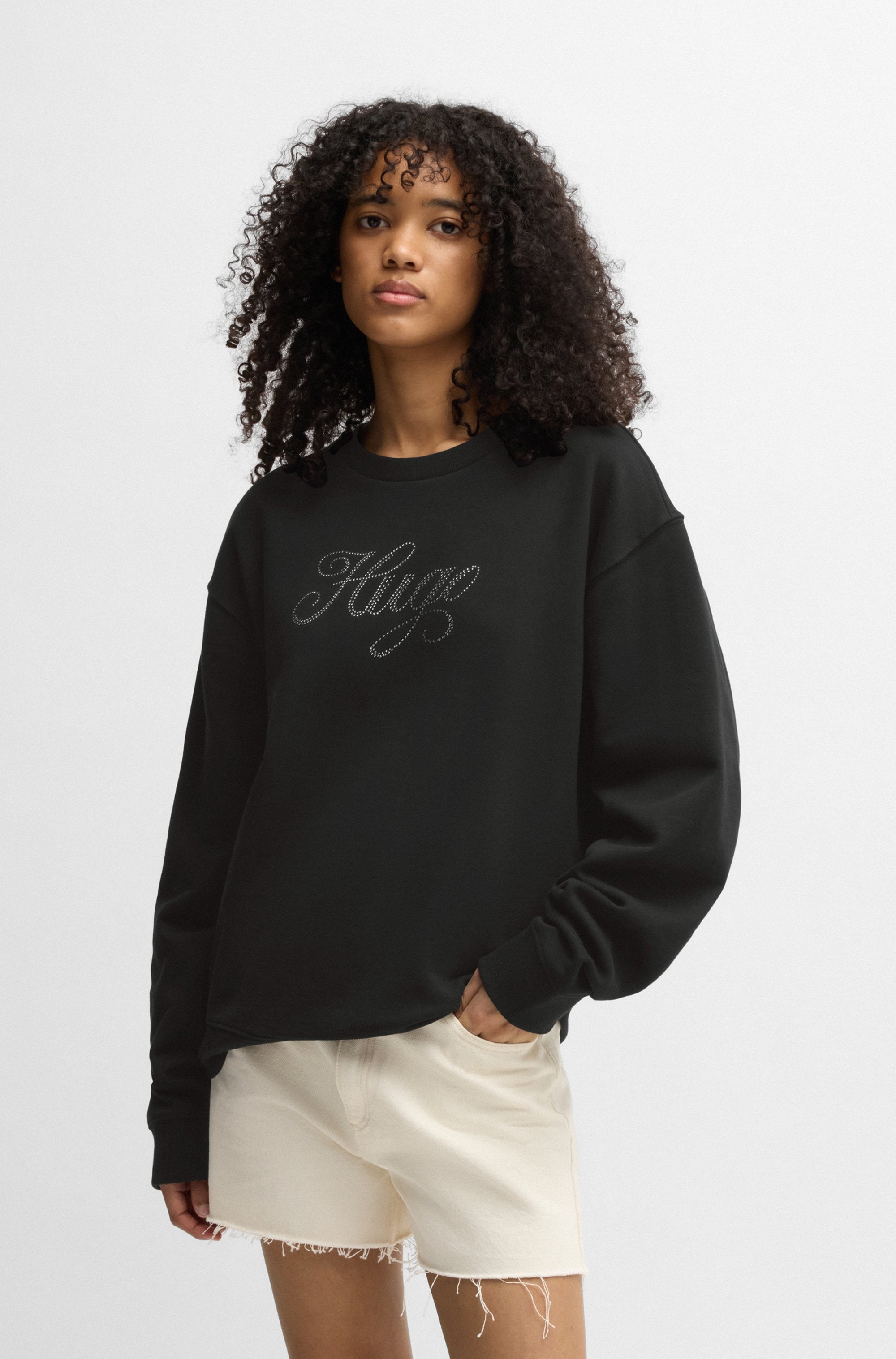 HUGO Blue Sweatshirt »Oversized Crew«, mit Flower Backprint, Straß Logo Print