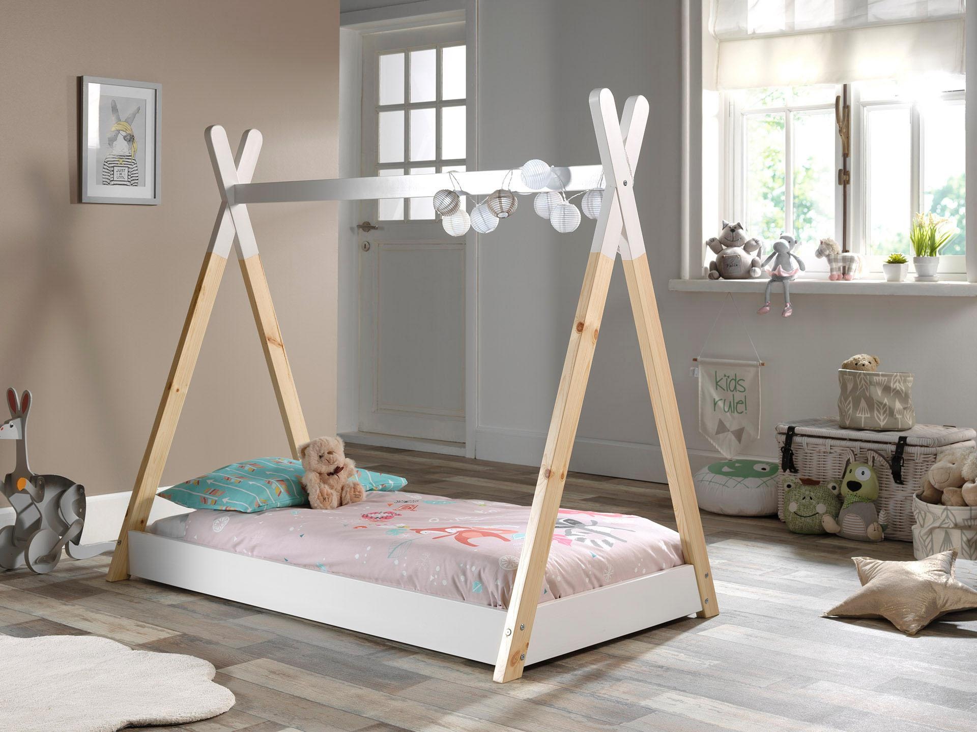 Vipack Kinderbett »Tipi, mit Querstange in Zelt-Optik, Kiefer massiv« inkl. Lattenrost, Bettrahmen in Weiß, 2 Größen zur Auswahl,  Bodenfreiheit 1,5 cm für bessere Belüftung
