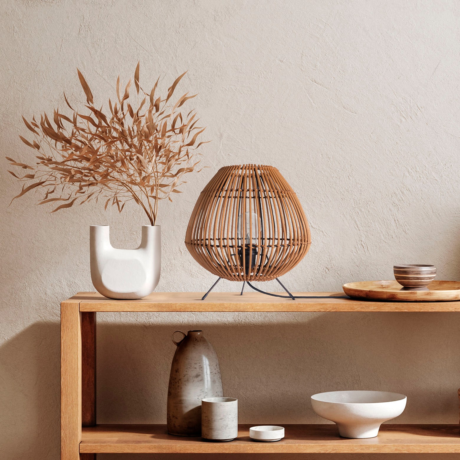 Paco Home Tischleuchte »PIRU«, Leuchtmittel E27 | ohne Leuchtmittel, Rattan Boho Style Dreibein Natur Nacht E27