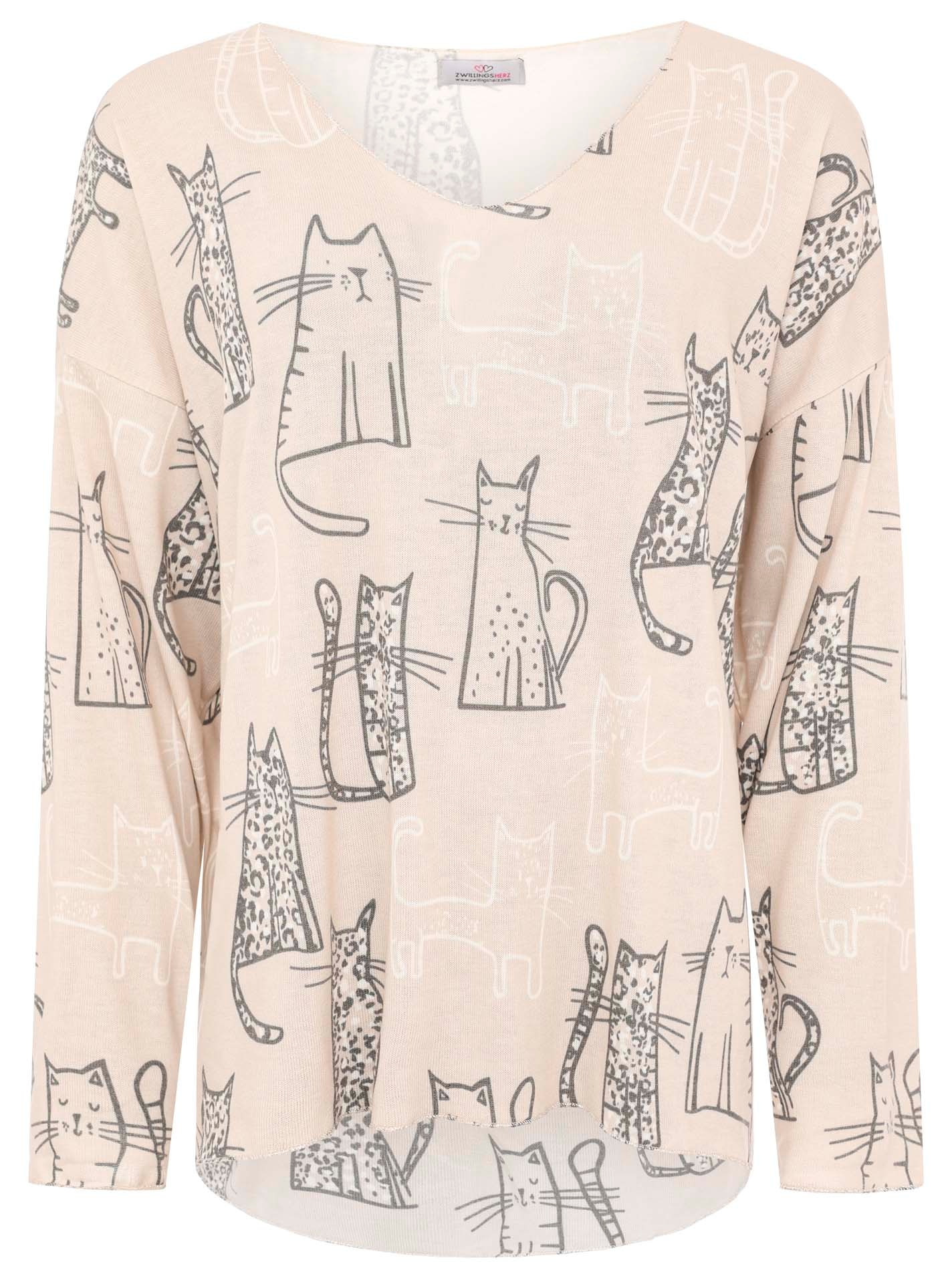 Zwillingsherz Langarmshirt »"Katze"« One Size, V-Neck, Langarm, Katzen-Motiv