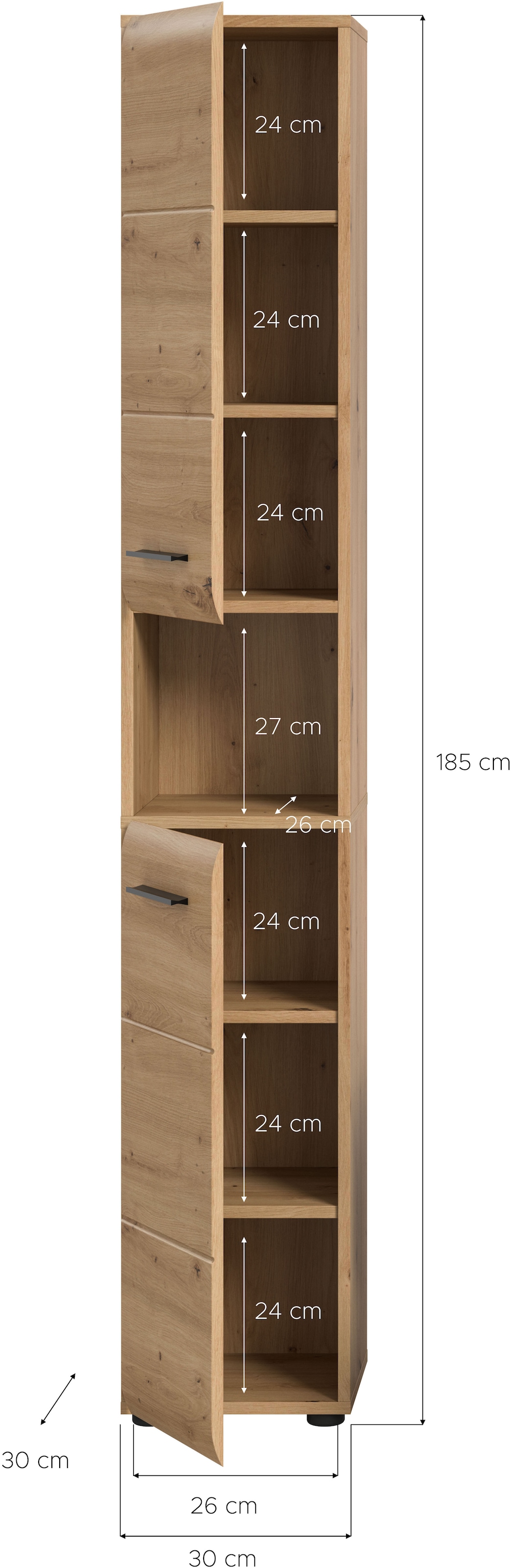welltime Stauraumschrank »FLORENZ, Höhe 185cm, 2 Türen, 7 Fächer, 4 Einlegeböden« TOPSELLER!, 1 Stk. tlg. Florenz, Badschrank hoch, Artisan Oak NB, 185 cm Hoch