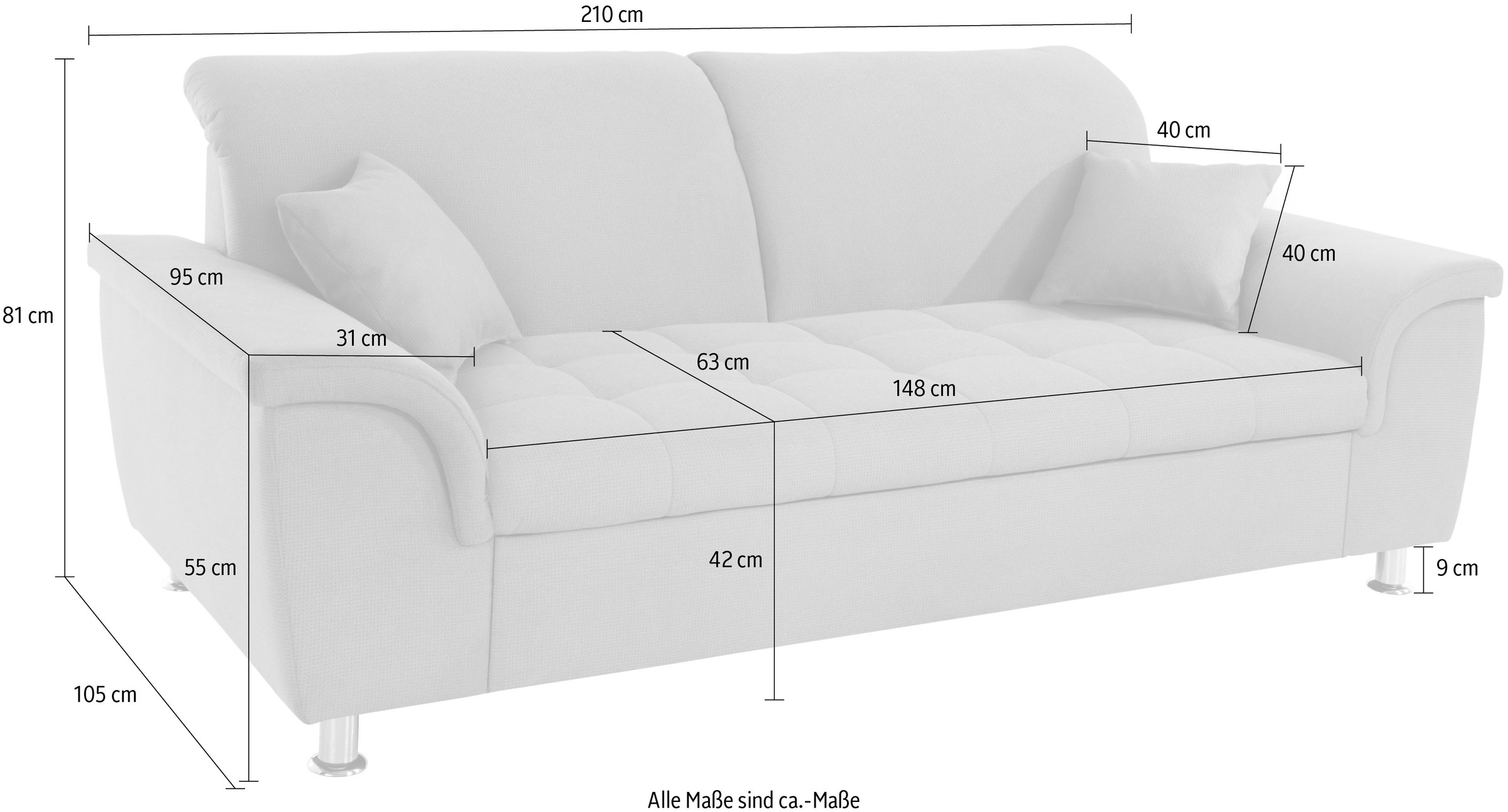 DOMO collection 2,5-Sitzer »Franzi, zeitlos und elegant, moderne Sitzheftung« wahlweise mit Kopfteilverstellung, inklusive Zierkissen