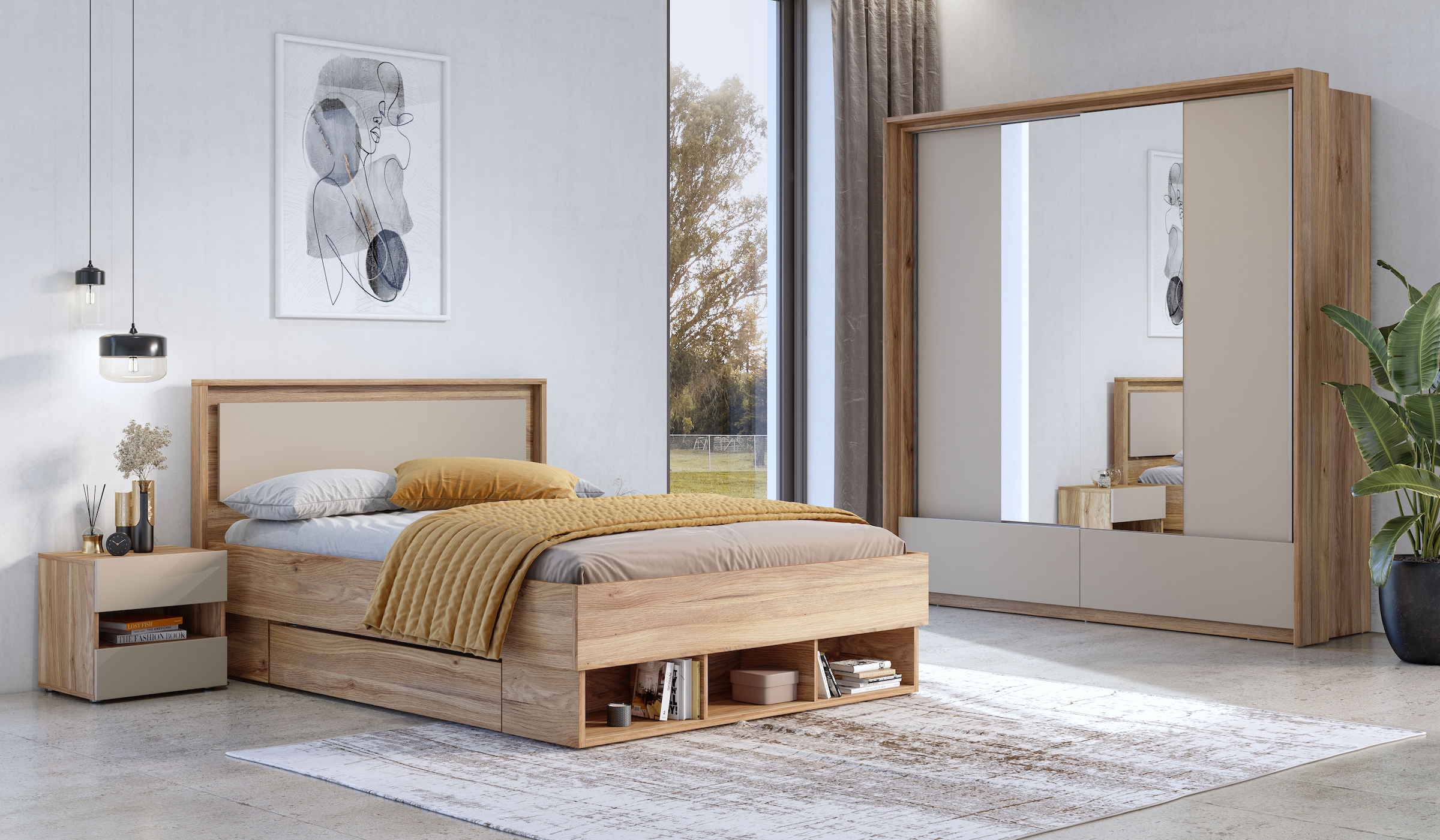 INOSIGN Schwebetürenschrank »Wharton, Breite 159 oder 209 cm, Kleiderschrank incl. Innenausstattung«, Wäscheschrank, 2 Schubkästen, 2 Spiegel, Metallgriffe, Garderobe