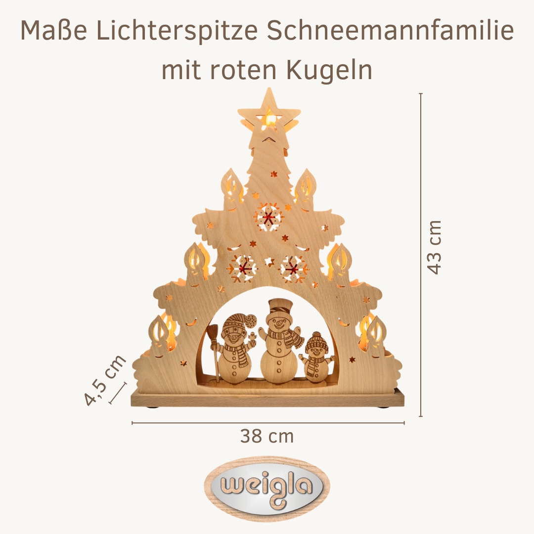 Weigla Schwibbogen »Schneemannfamilie mit roten Kugeln« Erzgebirge garantiert, Lichterspitze aus Buchenholz