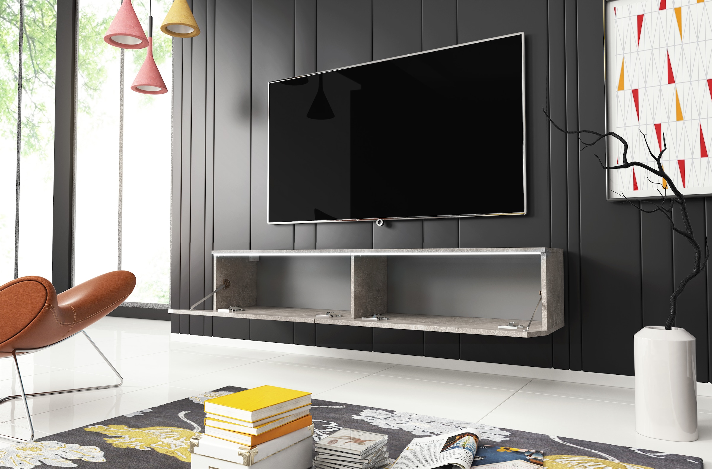 INOSIGN Lowboard »LOWBOARD D, wahlweise mit oder ohne Beleuchtung«, modernes TV-Board ohne Griffe, mit viel Stauraum,stehend und hängend