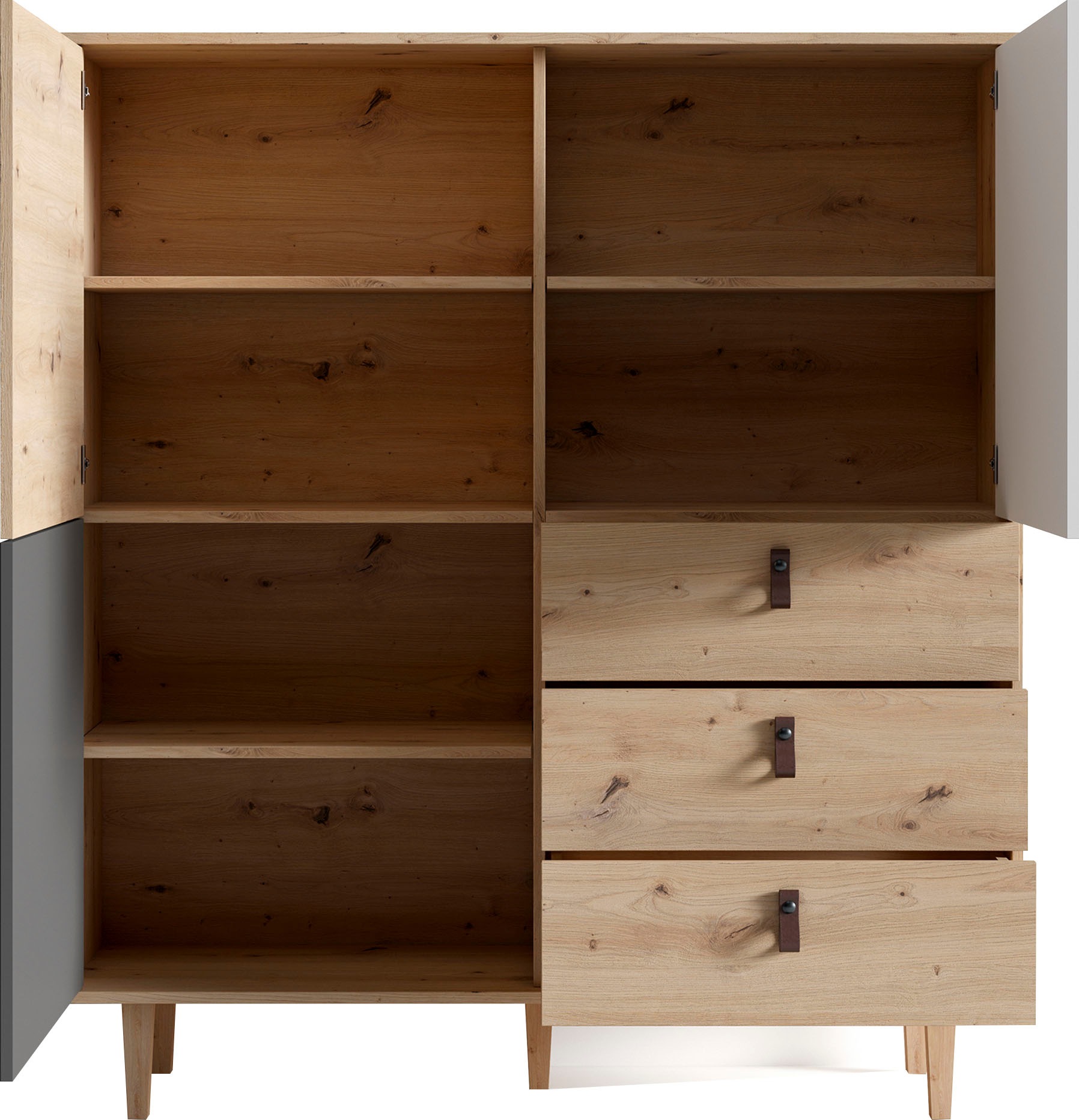 INOSIGN Highboard »Bill, mit drei Schubkästen und drei Türen,«, 120cm Breit mit verstellbaren Einlegeböden, massive Holzbeine