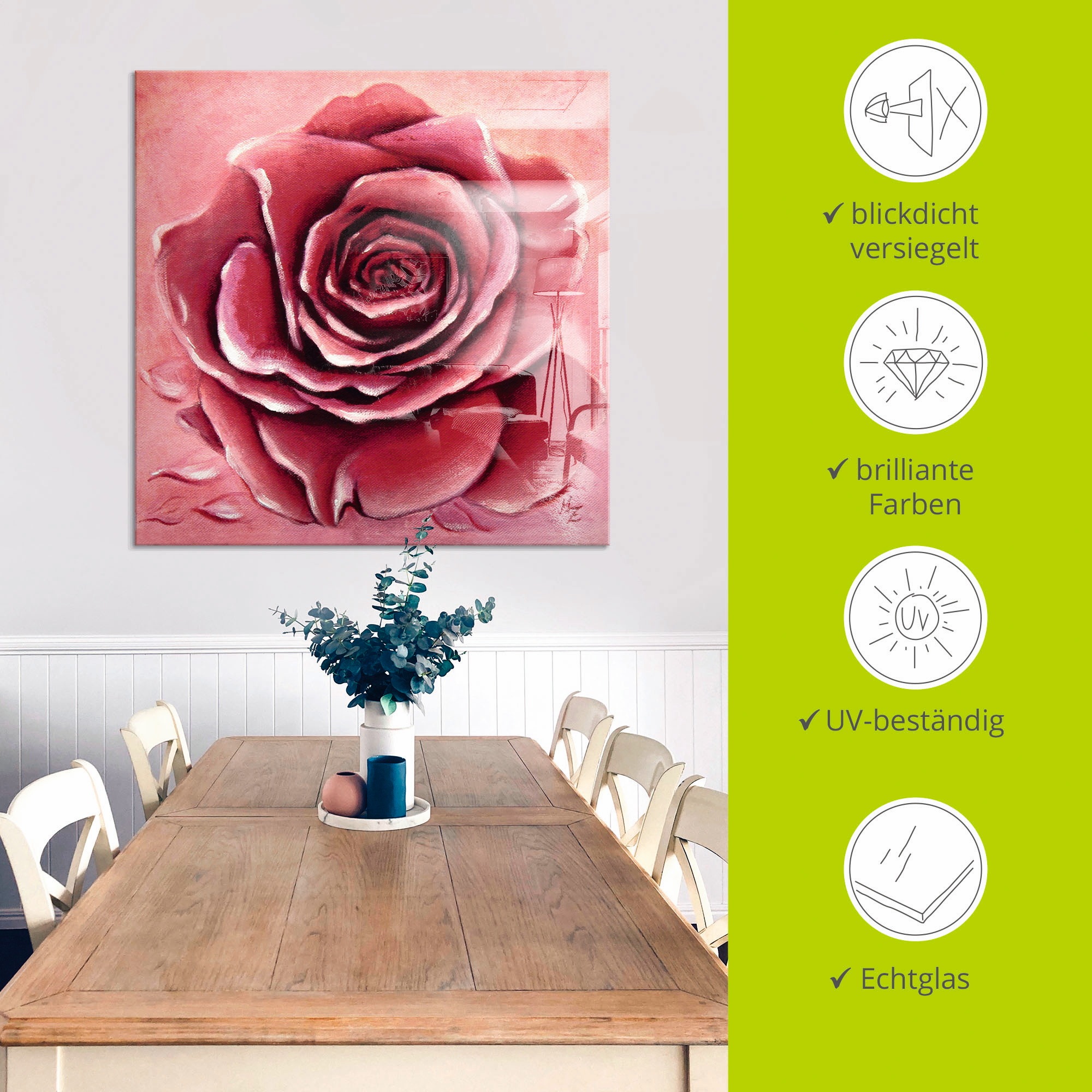 Artland Glasbild »Rote Rose handgemalt« Blumen 1 Stk. tlg. in verschiedenen Größen