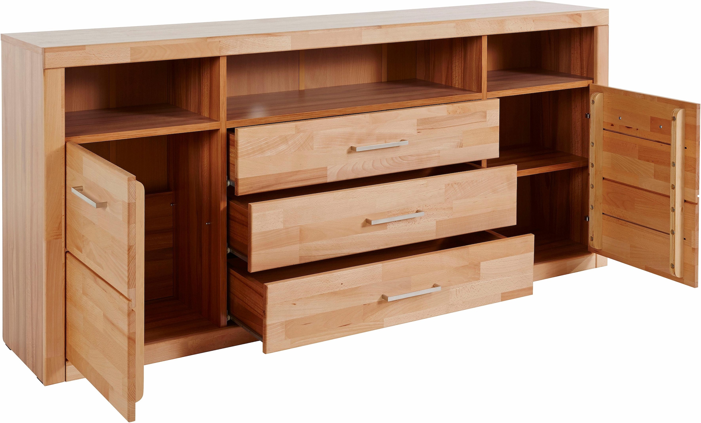 Home affaire Sideboard »Ribe,180cm breit, Fronten Massivholz,7 Fächer«, Holz massiv, Holzwerkstoff, Metall Griffe,2Türen,3Schubladen