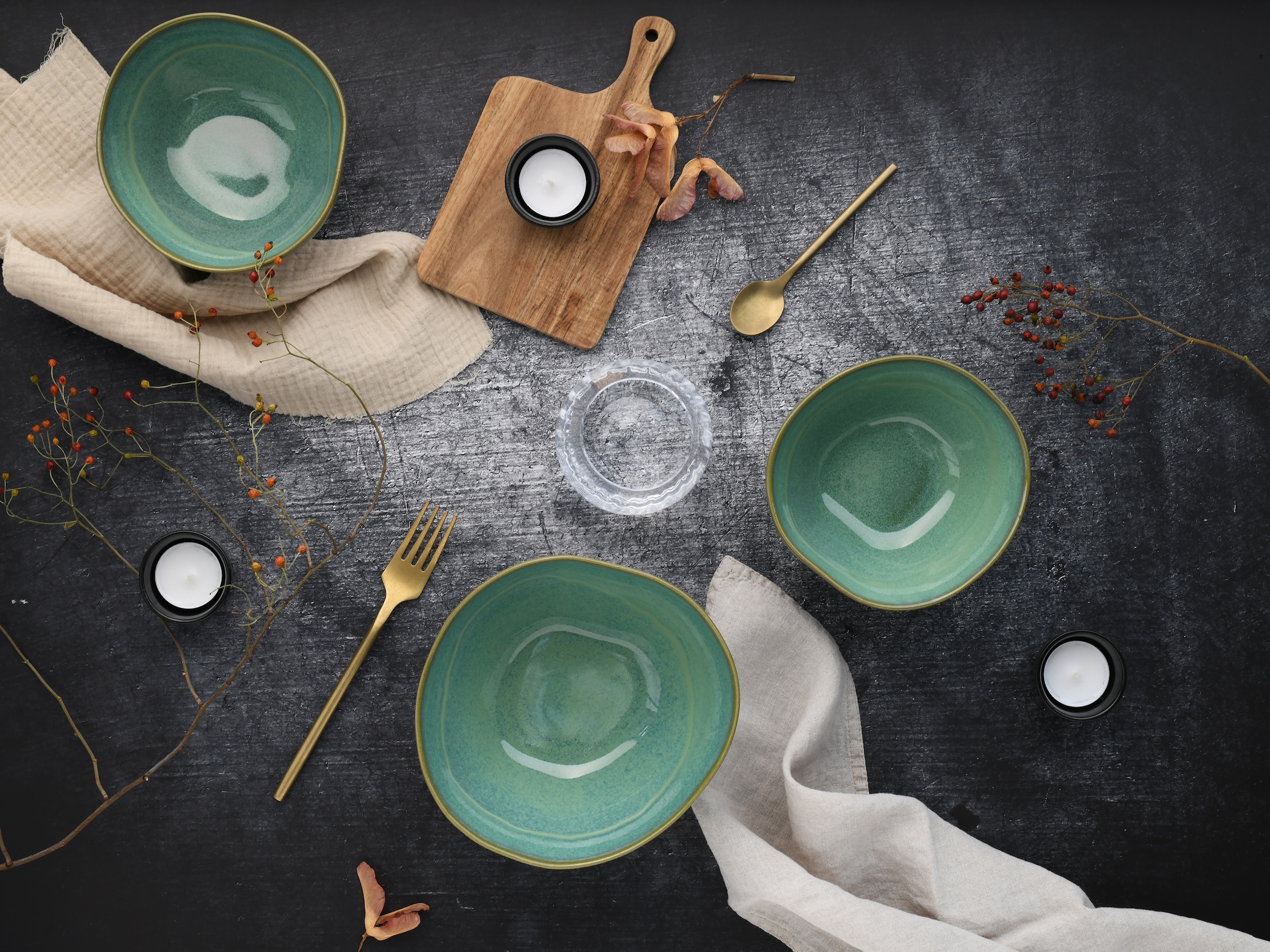 CreaTable Schale »Basalt Bio, Bowl Set 4-tlg« 4 Stk. aus Steinzeug Organische Form, Jedes Teil ein Unikat