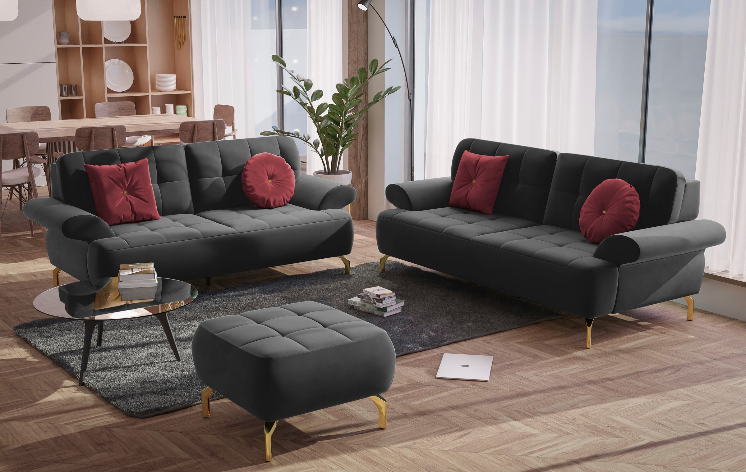 sit&more 2,5-Sitzer »Orient 1«, inkl. 2 Zierkissen mit Strass-Stein, goldfarbene Metallfüße
