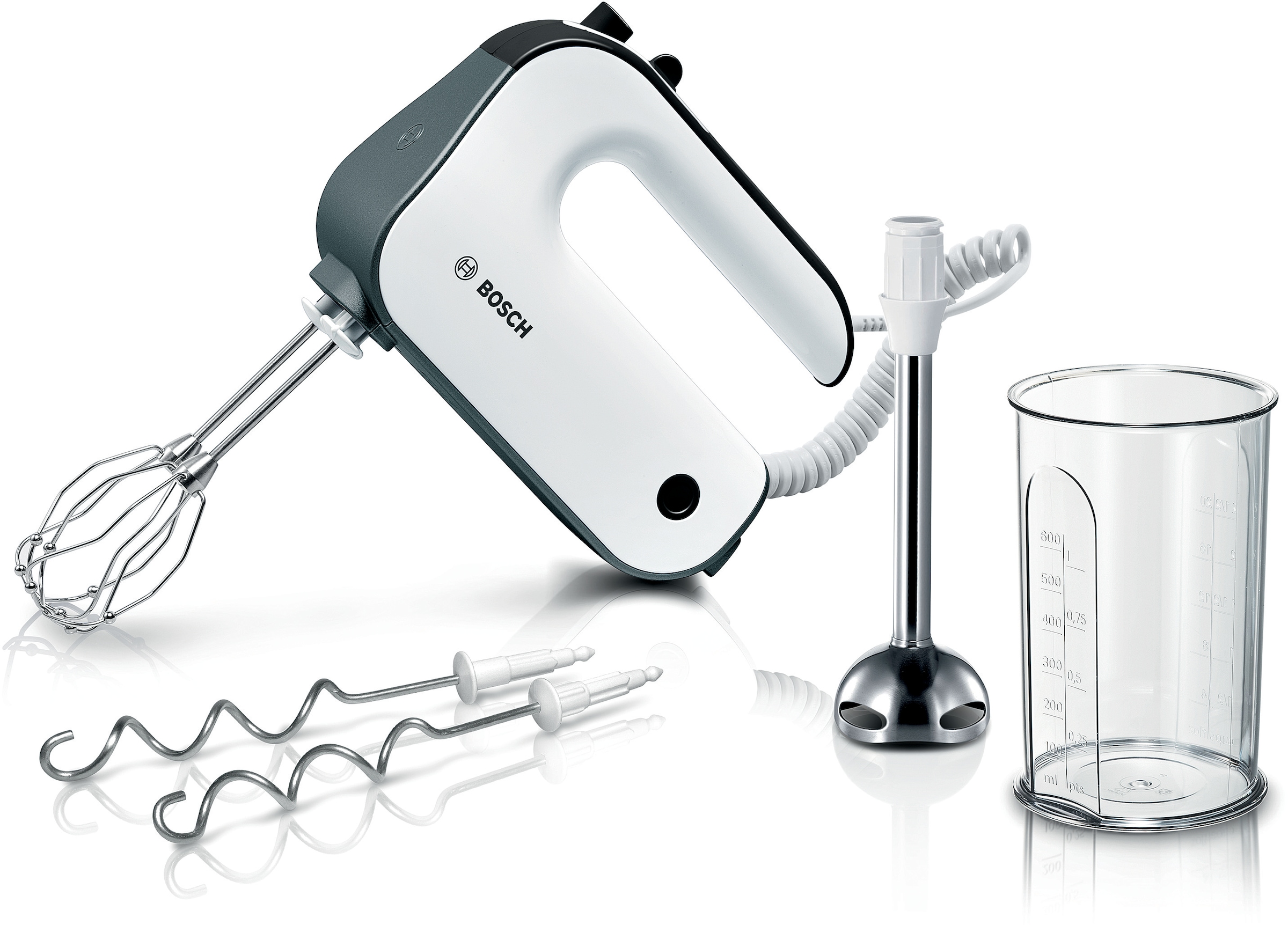 BOSCH Handmixer »MFQ49700, Edelst. Rührbesen/Knethaken, Spiralkabel, Mixfuß, weiß/grau«, 850 W, stärkster Motor, 5 Stufen, Turbotaste, Becher, Made in Europe
