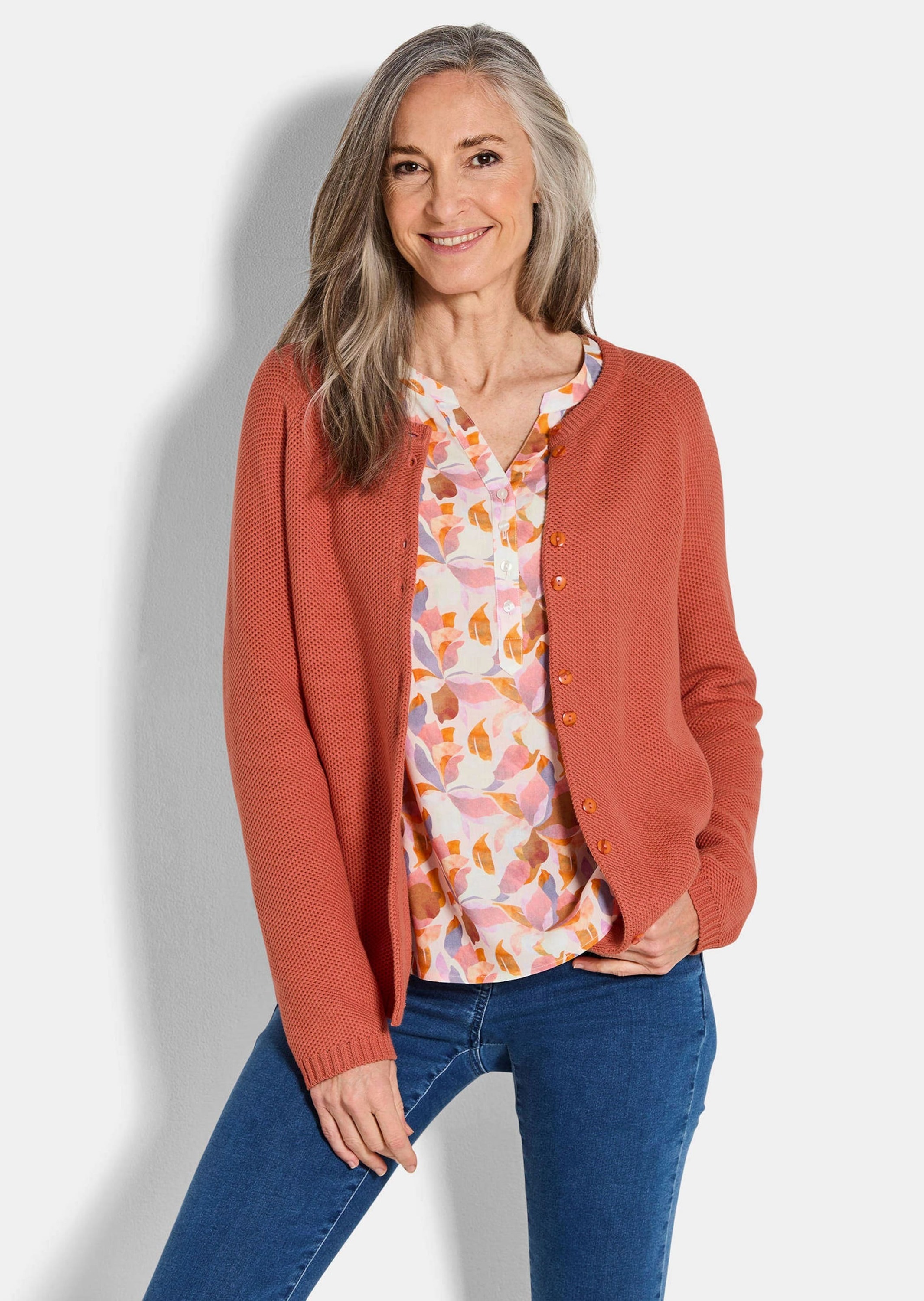 GOLDNER Strickjacke »Cardigan aus Baumwolle, Rundhals« Piqué-Optik