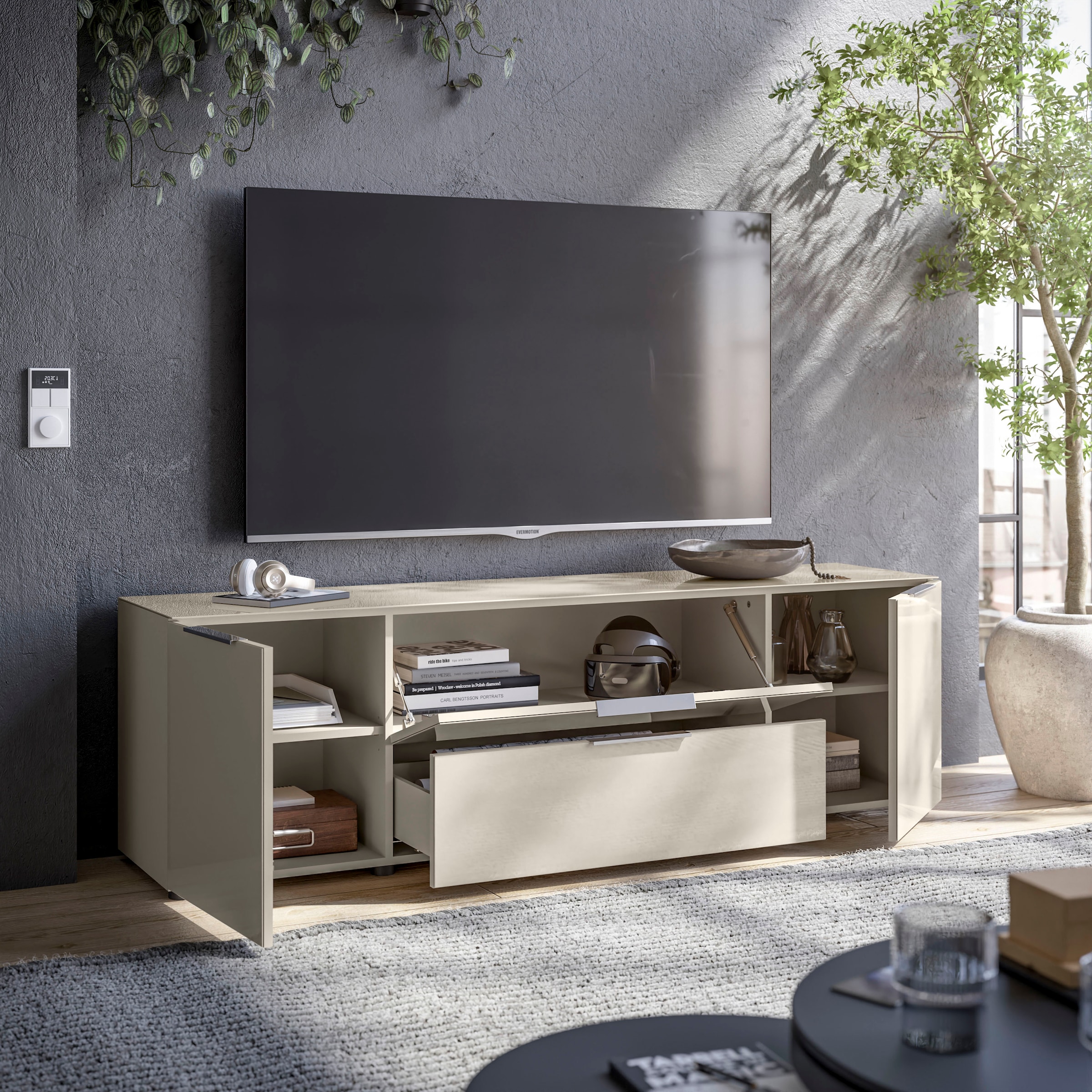 HBZ Lowboard »Santorin, BxHxT 180x99x40 cm«, (1 St.), Breite 180cm, Softclose für Türen und Schubkästen, Melaminbeschichtung