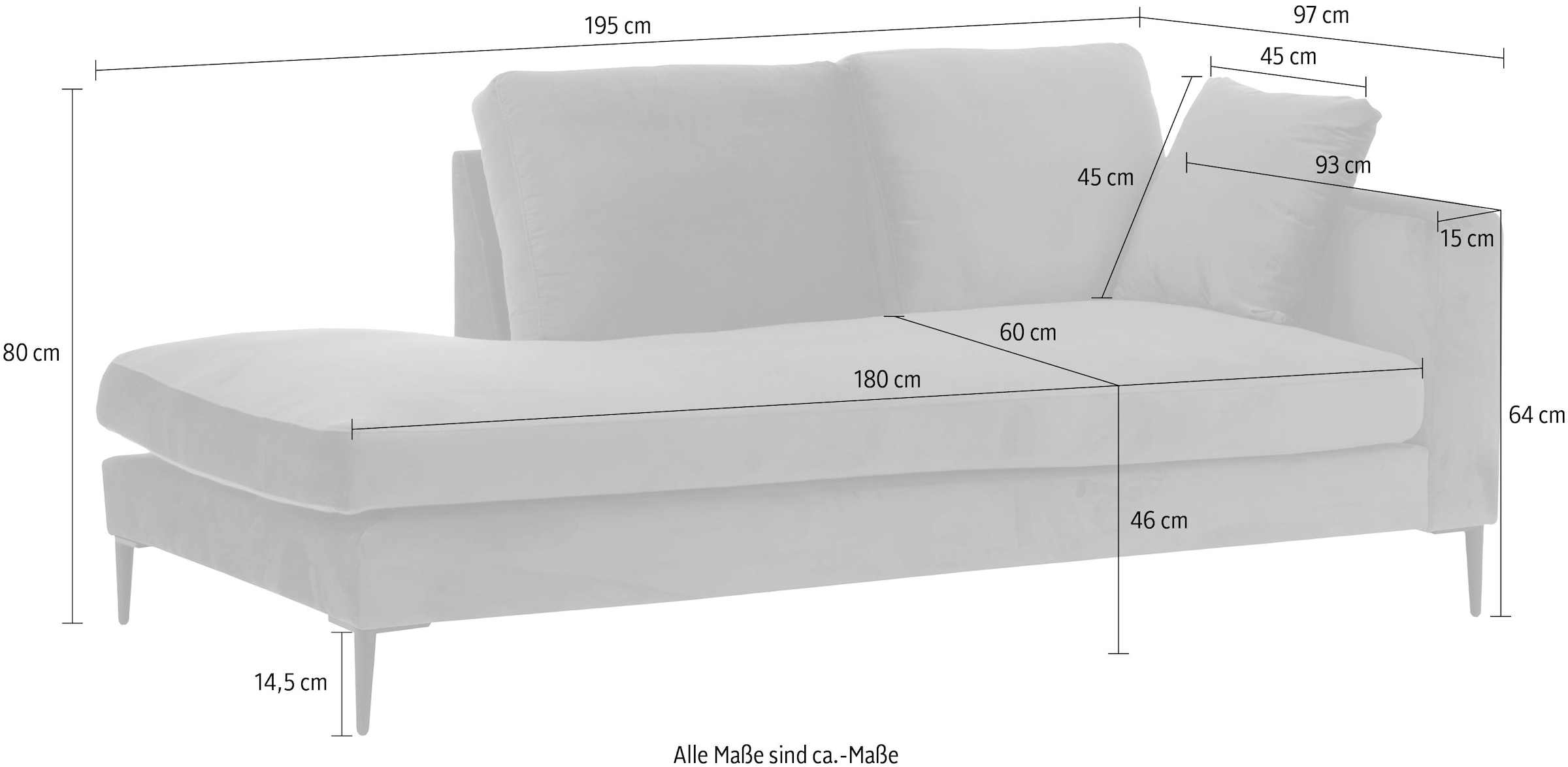 Leonique Recamiere »Cozy Chaiselongue, Maße B/T/H: 195/97/80 cm«, mit losen Kissen und Metallbeinen, Armlehne links oder rechts wählbar