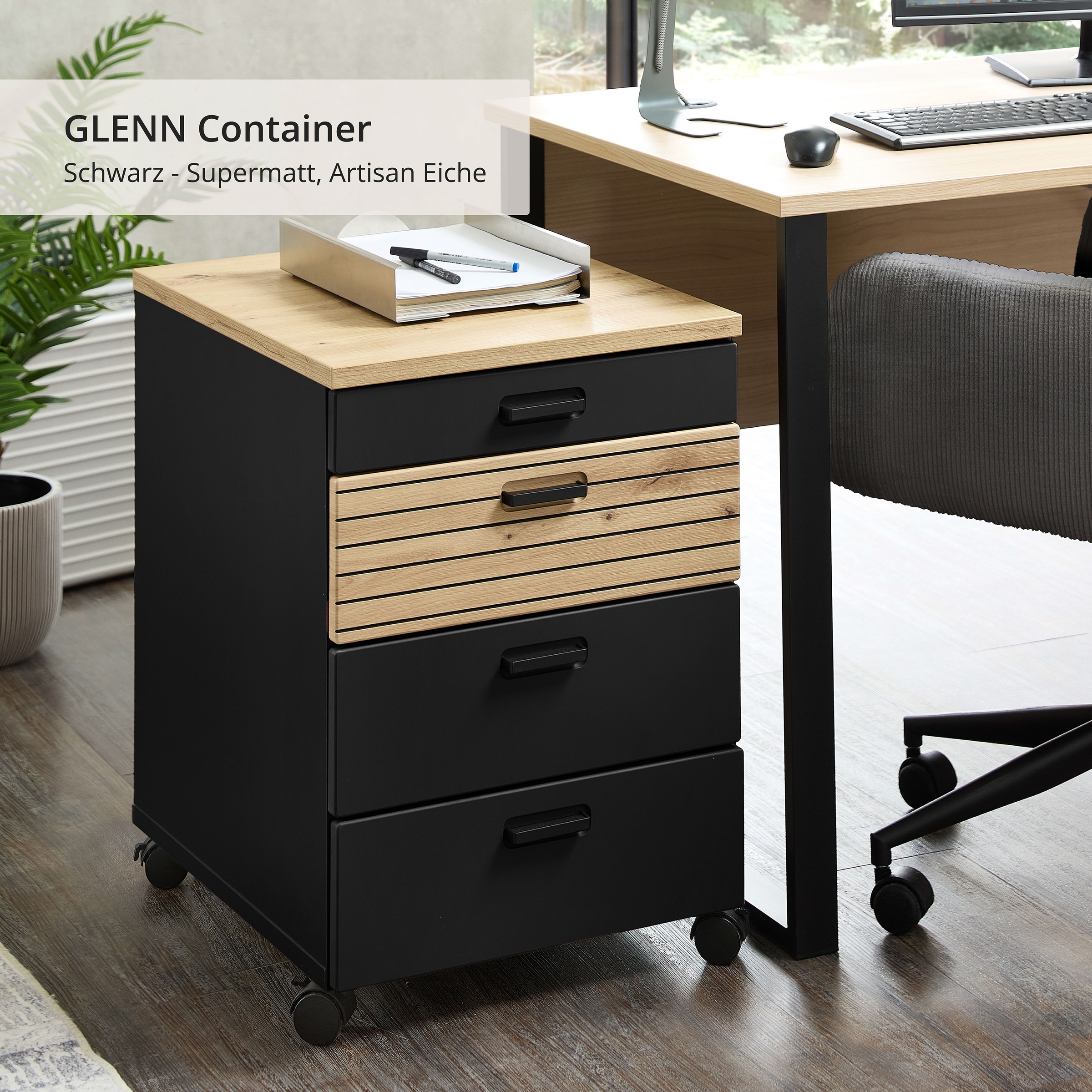 Innostyle Rollcontainer »Rollcontainer Glenn, 45 x 66 x 55 cm (B/H/T)« 1 Stk. tlg. inkl. Filzeinlage, 4 Rollen(2 mit Bremsen) oder Sockel, SK Soft-Close