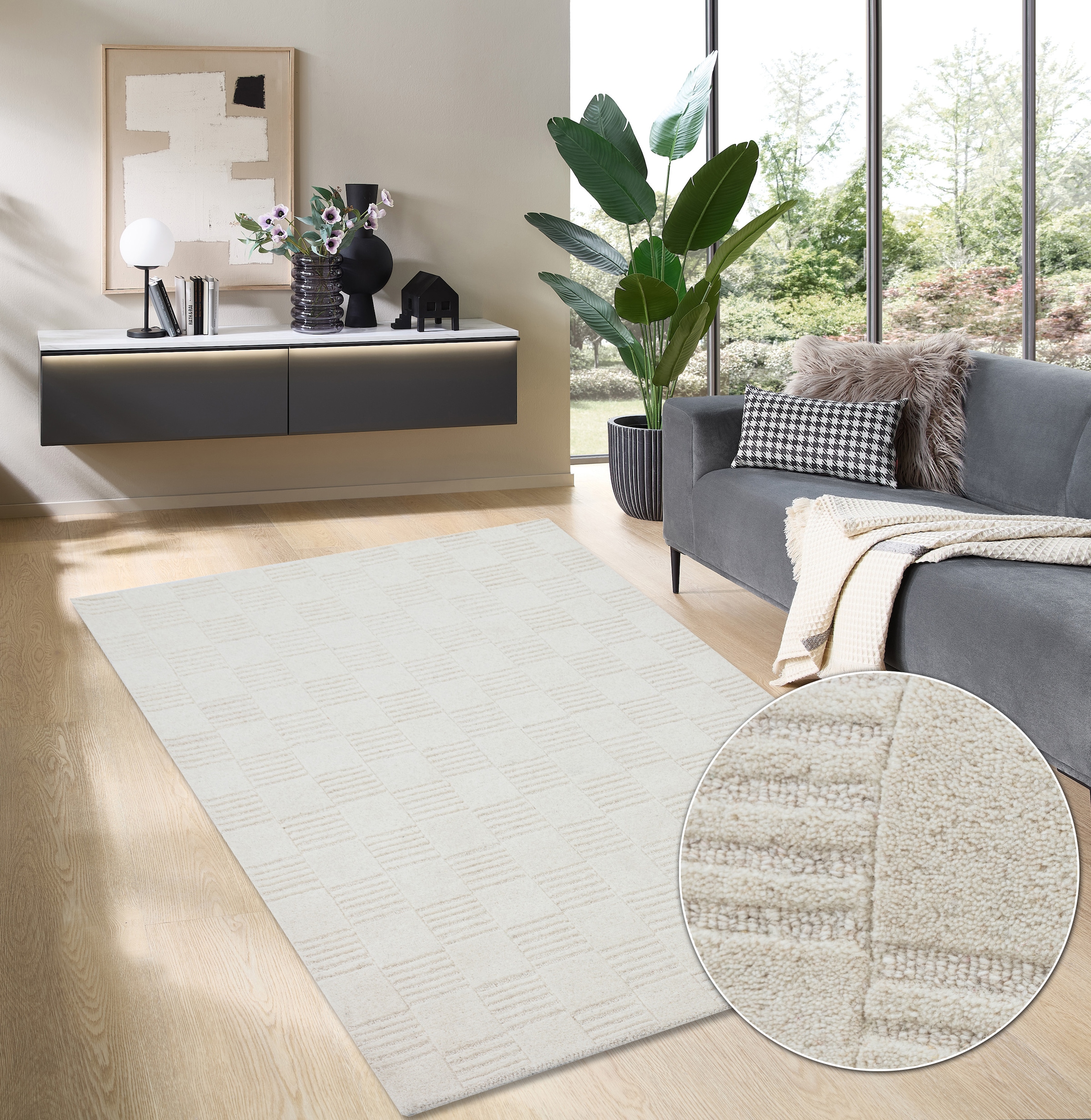 my home Wollteppich »Motala, Handgefertigt, Wolle, Hoch-Tief-Effekt,« rechteckig 14 mm Höhe einfarbig, 3D-Design, Wohnzimmer, Schlafzimmer, Esszimmer