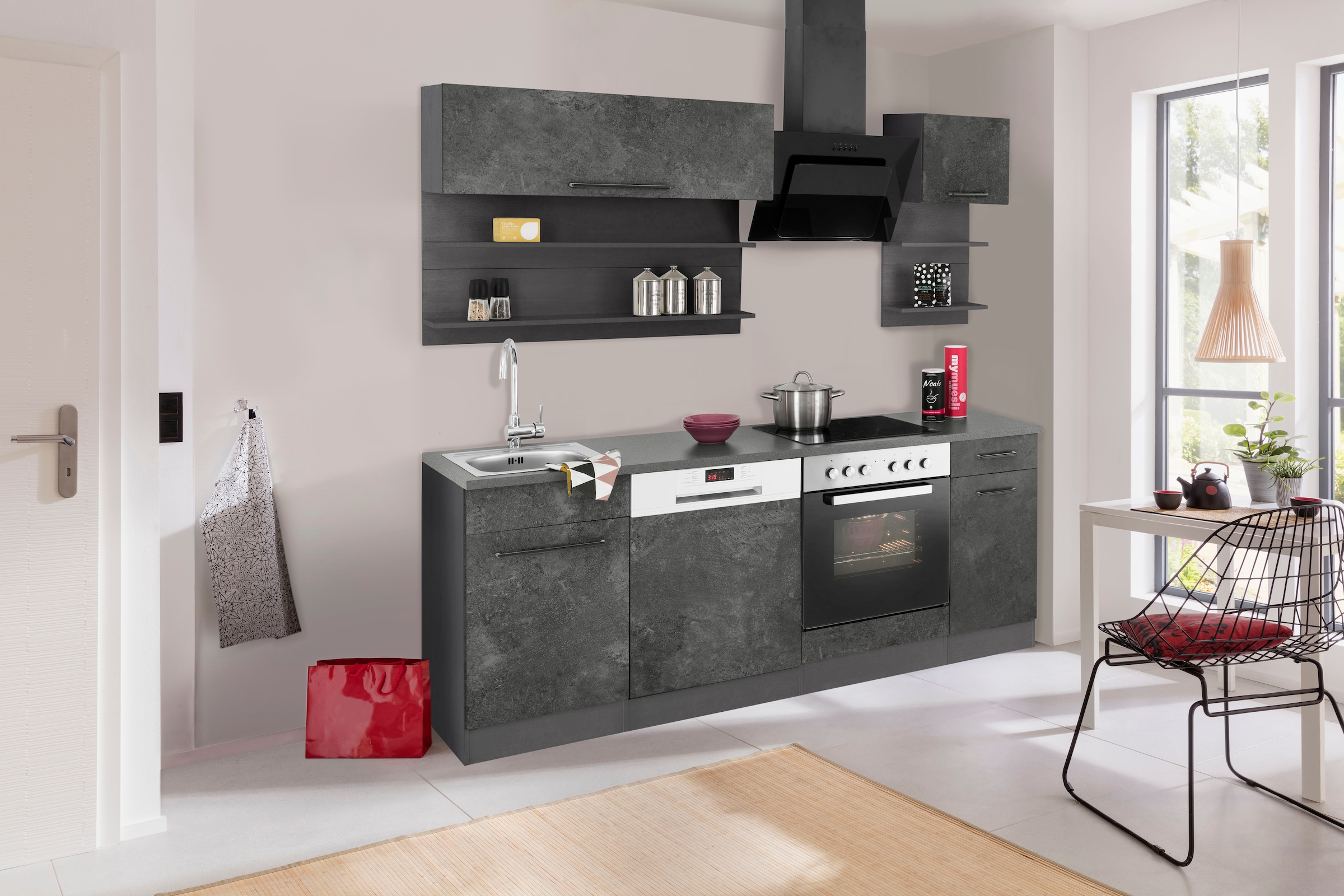 KOCHSTATION Küchenzeile "KS-Tulsa" ohne E-Geräte, Breite 210 cm, schwarze Metallgriffe, MDF Fronten
