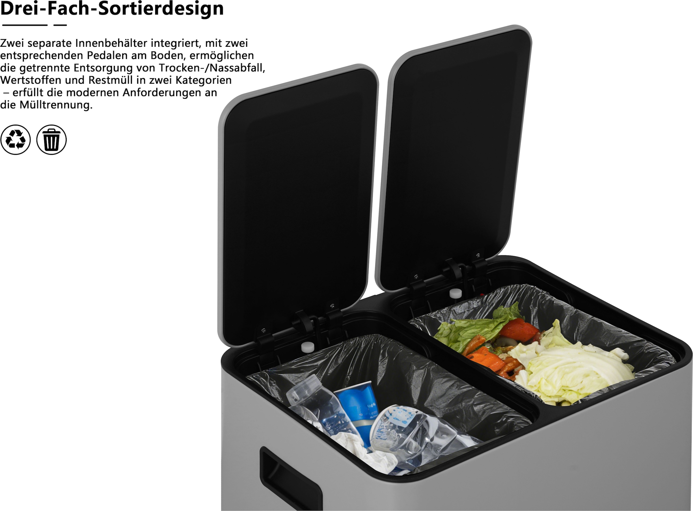 OTTO home Mülleimer »Garrin, Soft Close, m. 2 Fächern, Fassungsvermögen 2x15 L bzw. 2x30 L« 2 Behälter Mülltrennsystem mit 2 separaten Innenbehältern und Fußtrittpedalen