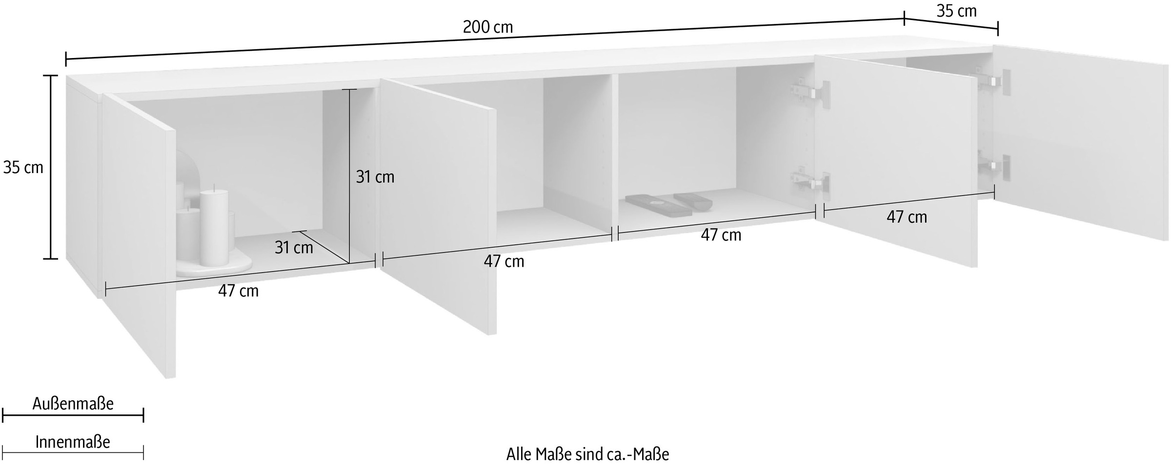 borchardt Möbel Lowboard »Sophia«, Breite 200 cm mit 4 Türen, stehend und hängend