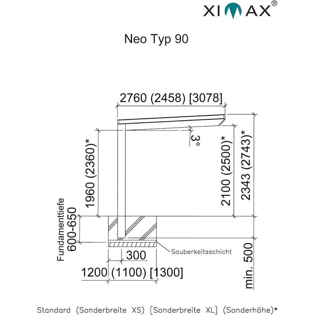 Ximax Einzelcarport »Neo Typ 2550 Typ 90 Sonderhöhe-Edelstahl-Look«, Aluminium, 228 cm, edelstahlfarben