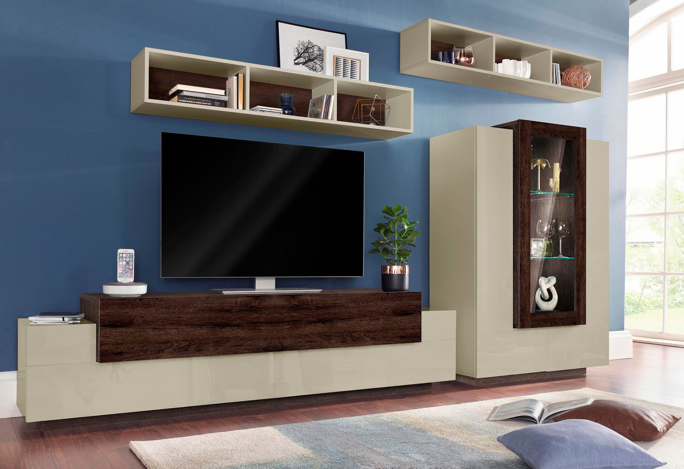 Tecnos Wohnwand »ASIA«, (Set, 4 St.), Front/ Korpus sand Hochglanz auf