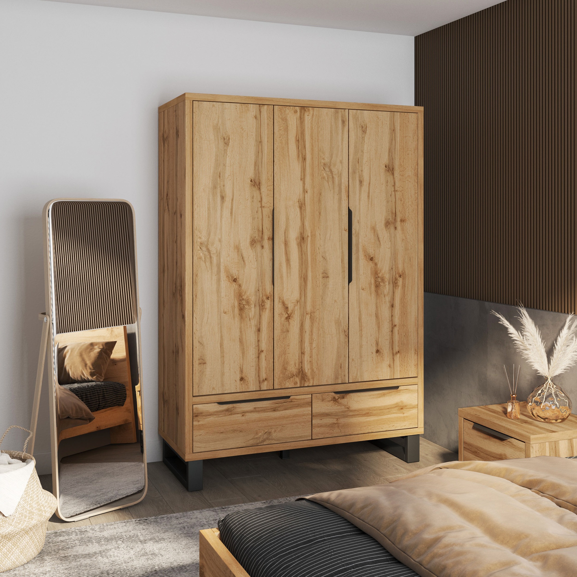 Home affaire Drehtürenschrank »Bronne,Breite 145 cm, Wäscheschrank inclusive Innenausstattung«, Kleiderschrank, 2 Schubladen, Metallgriffe, Garderobe