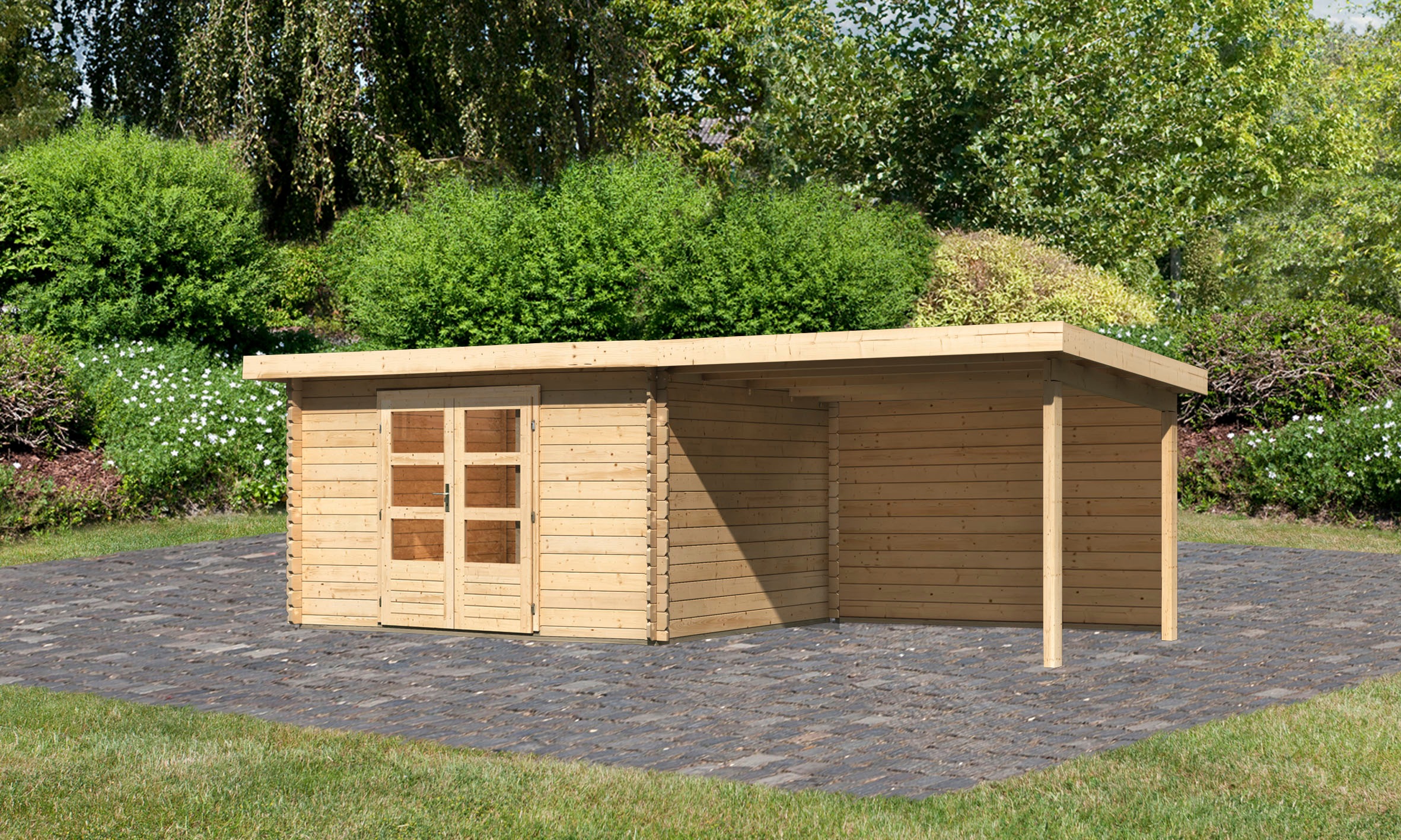 Karibu Gartenhaus »Schloßsee 7« mit Anbaudach und Rückwand