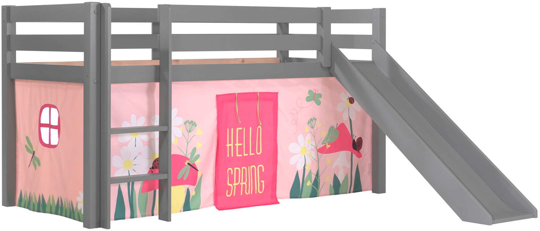 Vipack Hochbett »Pino«, (Made in Europe), Massivholz, Textil Set "Spring", wahlweise mit Rutsche und Betttunnel