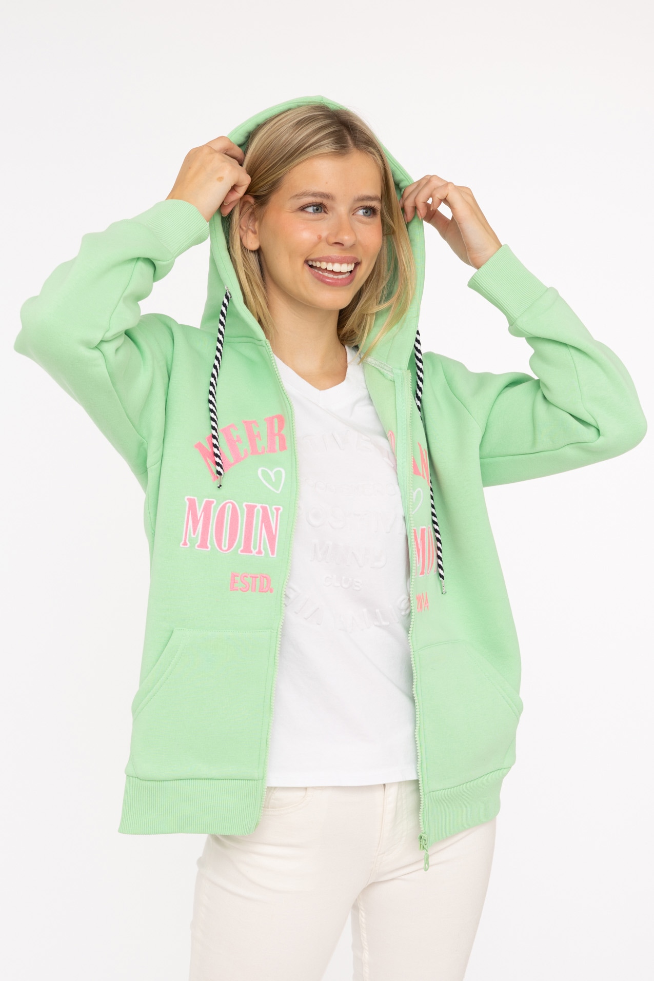 Zwillingsherz Sweatjacke »"Moin Moin"«, Kapuze, Langarm, Reißverschluss, modisch, maritim, Kordelzug