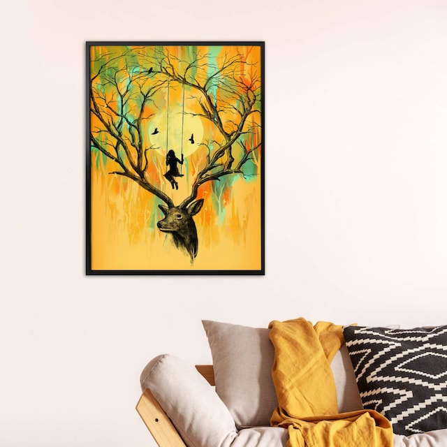 Wall-Art Poster »Orange Hirsch Geweih Schaukel«, Tiere, (1 St.), Poster,  Wandbild, Bild, Wandposter auf Rechnung kaufen