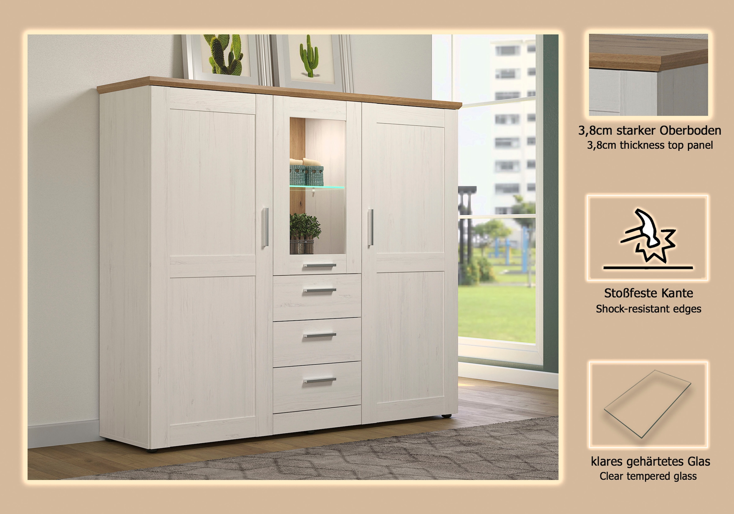 Home affaire Highboard »Nybro« Vitrine, wechselseitig montierbarer Türanschlag, Breite 159 cm