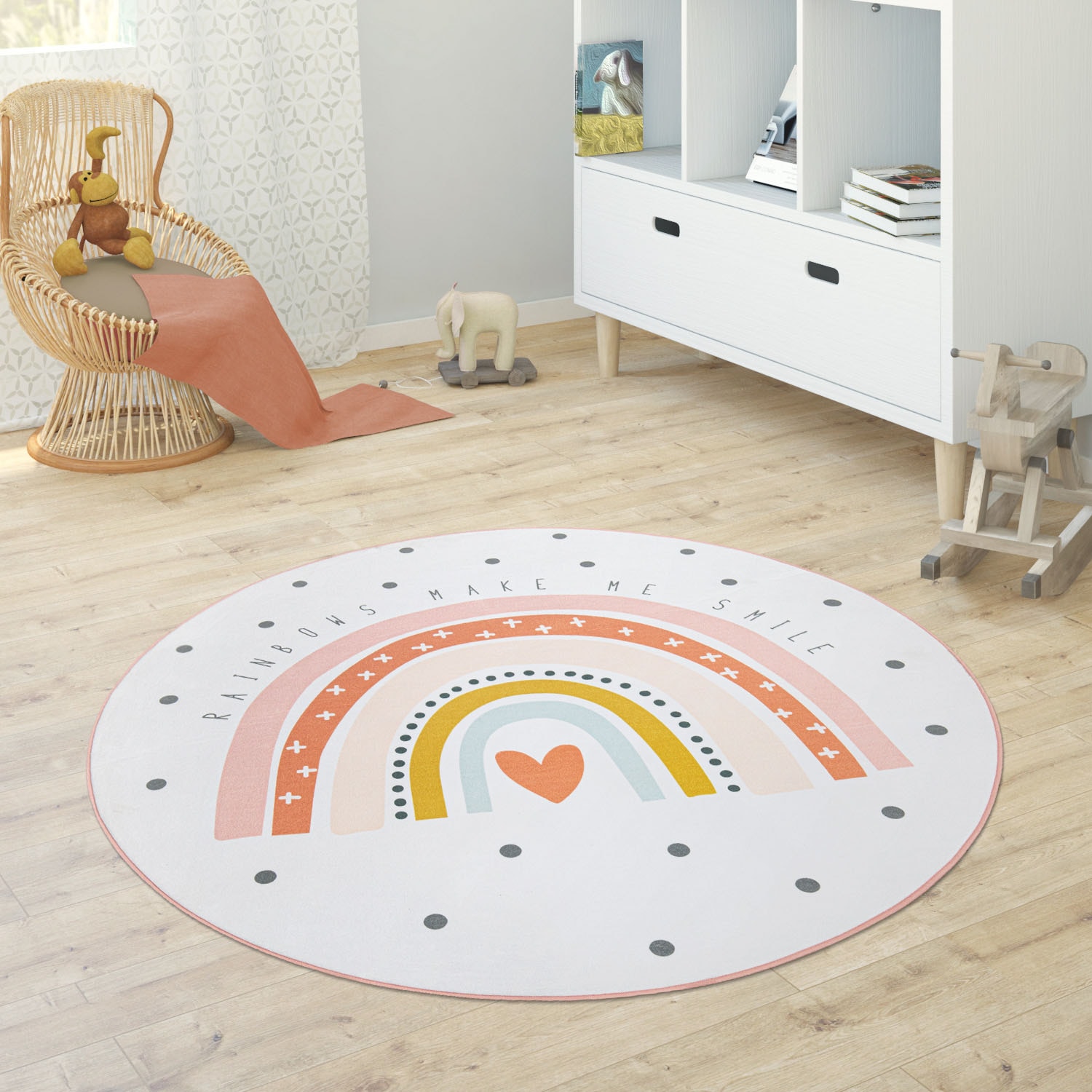 Paco Home Kinderteppich »Chicos 552«, rund, 2 mm Höhe, Flachgewebe, Kinder Design, Motiv Regenbogen, Pastell-Farben