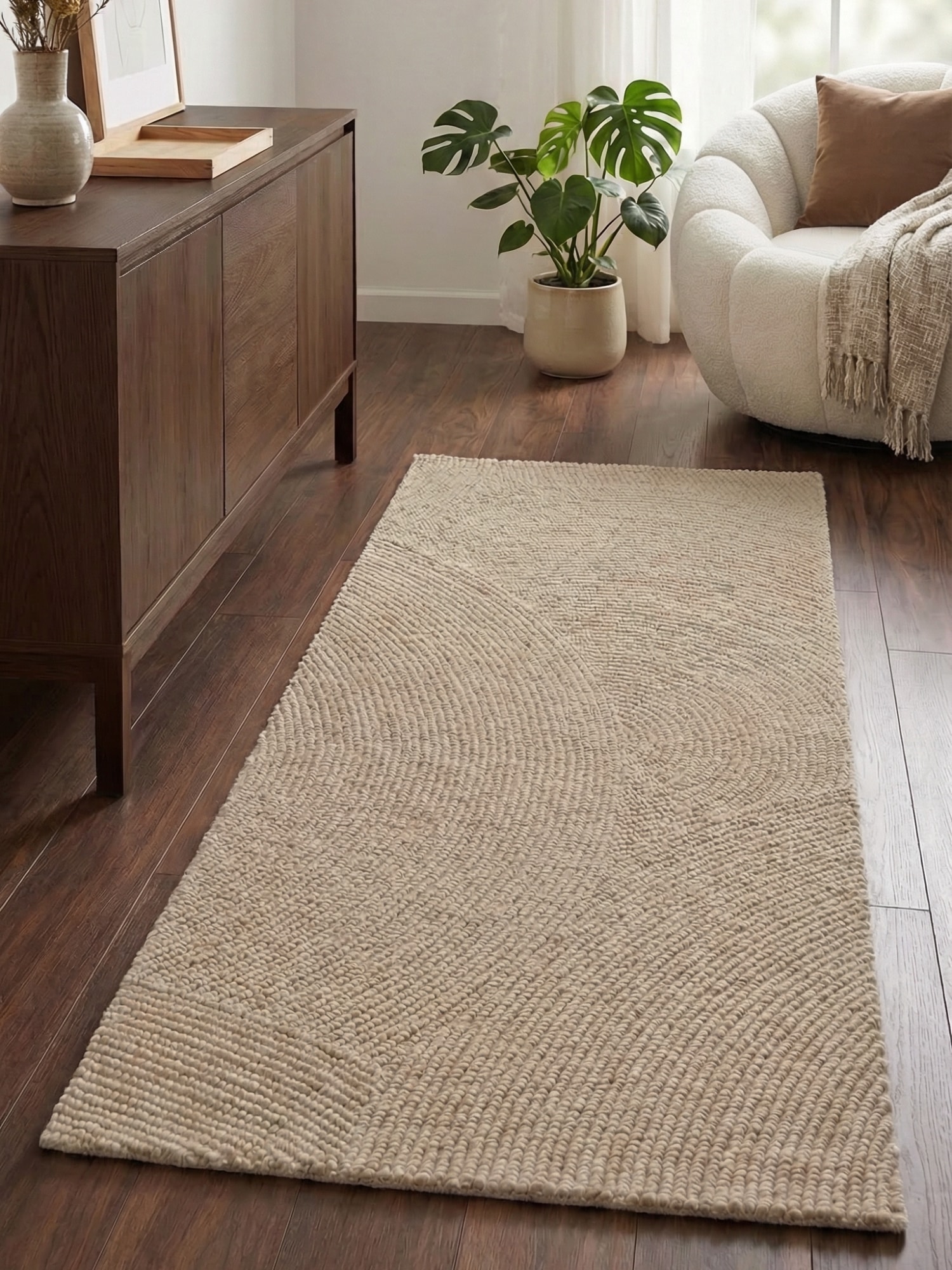 THE RUGS Eleni Wool Rug Hand Tufted Wool Geometric Area Rug Scandinavian Style in Beige | Size: 80cm x 300cm