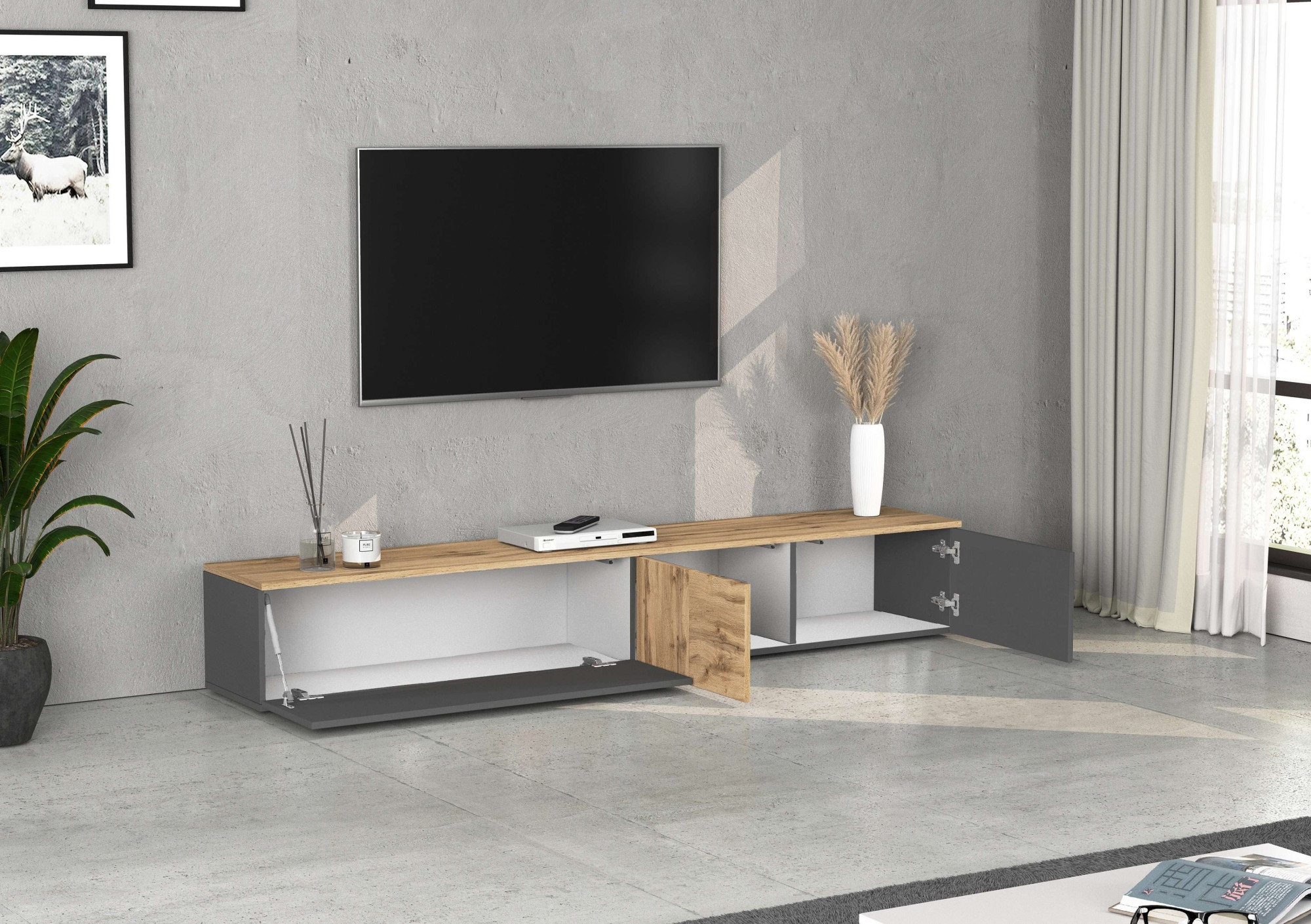 OTTO home Lowboard »ISEO, TV-Kommode,TV-Möbel,TV-Bank, 3 Fächer, Breite 210 cm« 1 Stk. tlg. stehend/hängend, 1 Klappe, 2 Türen, 3 Fächer, Breite 210 cm