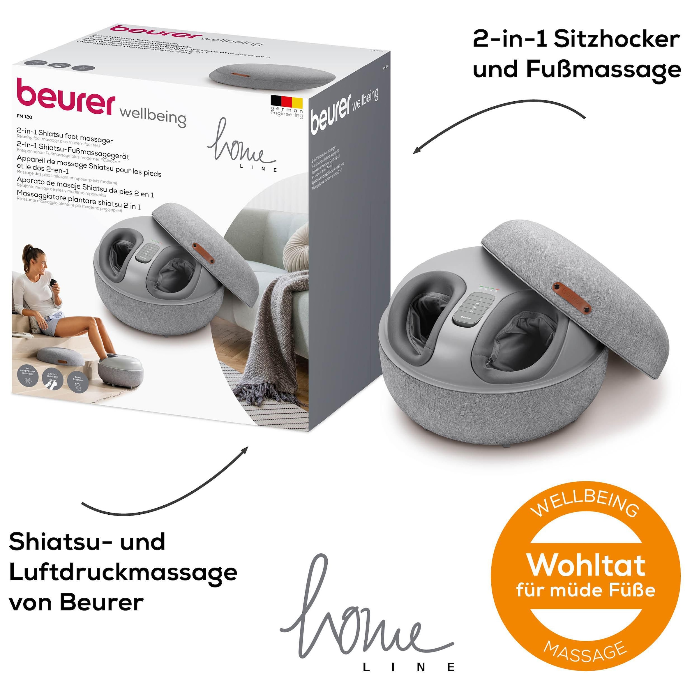 BEURER Shiatsu-Fußmassagegerät »FM 120 2-in-1: stylischer Hocker und Massagegerät«, Mit Luftkompressionsmassage und Shiatsu-Massage, inkl. Wärmefunktion