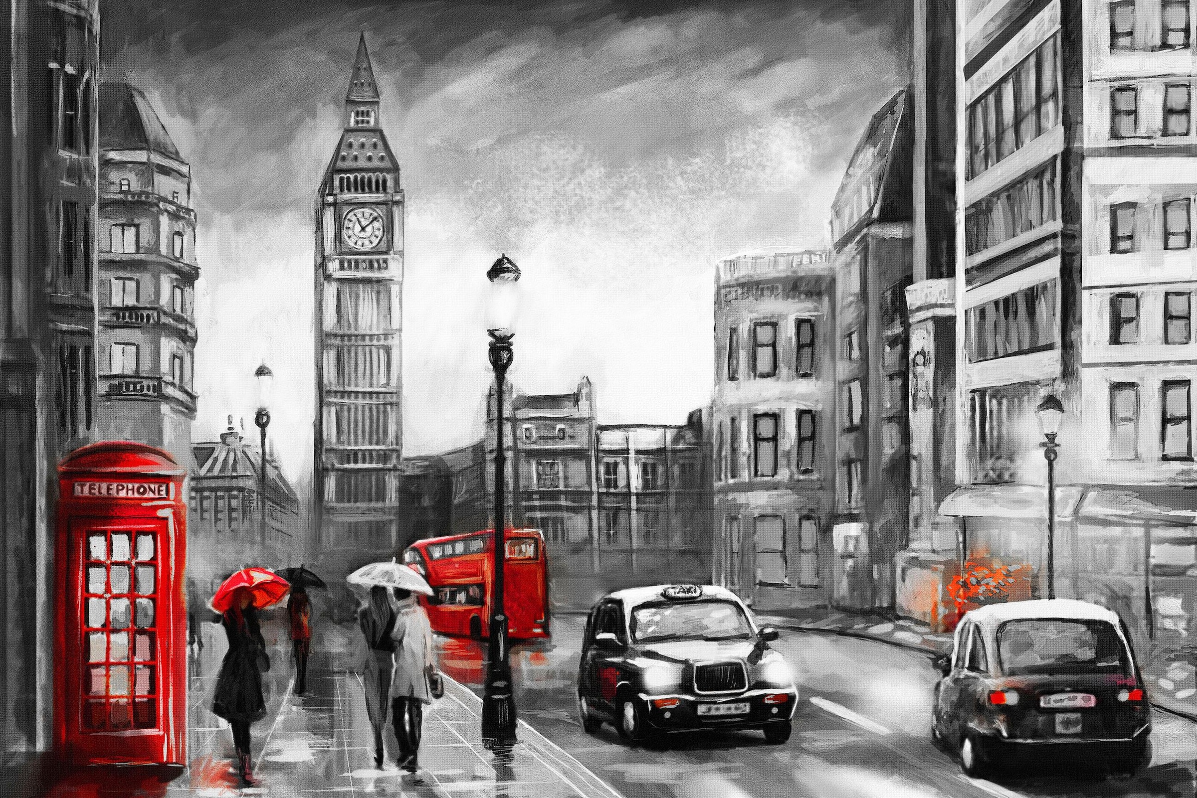 OTTO home Leinwandbild "London" Kunst  London  Menschen  Modern  Rain  Schwarz-Weiß  Städte Premium-Leinwandstoff, Handarbeit aus Deutschland, 90x60cm
