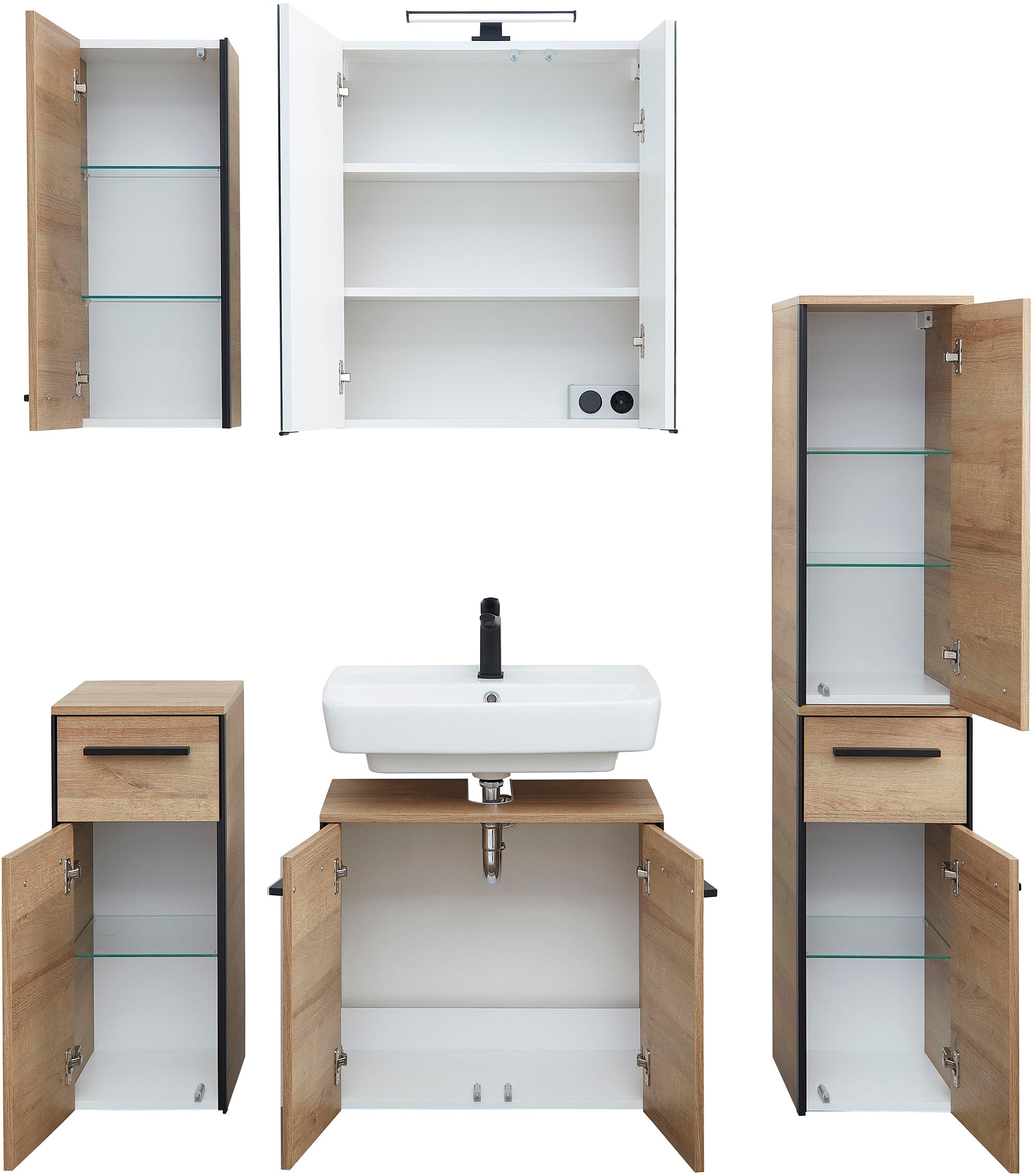 Saphir Badmöbel-Set »Quickset 395 5-teilig, Waschbeckenunterschrank mit LED-Spiegelschrank« 6 Stk. tlg.