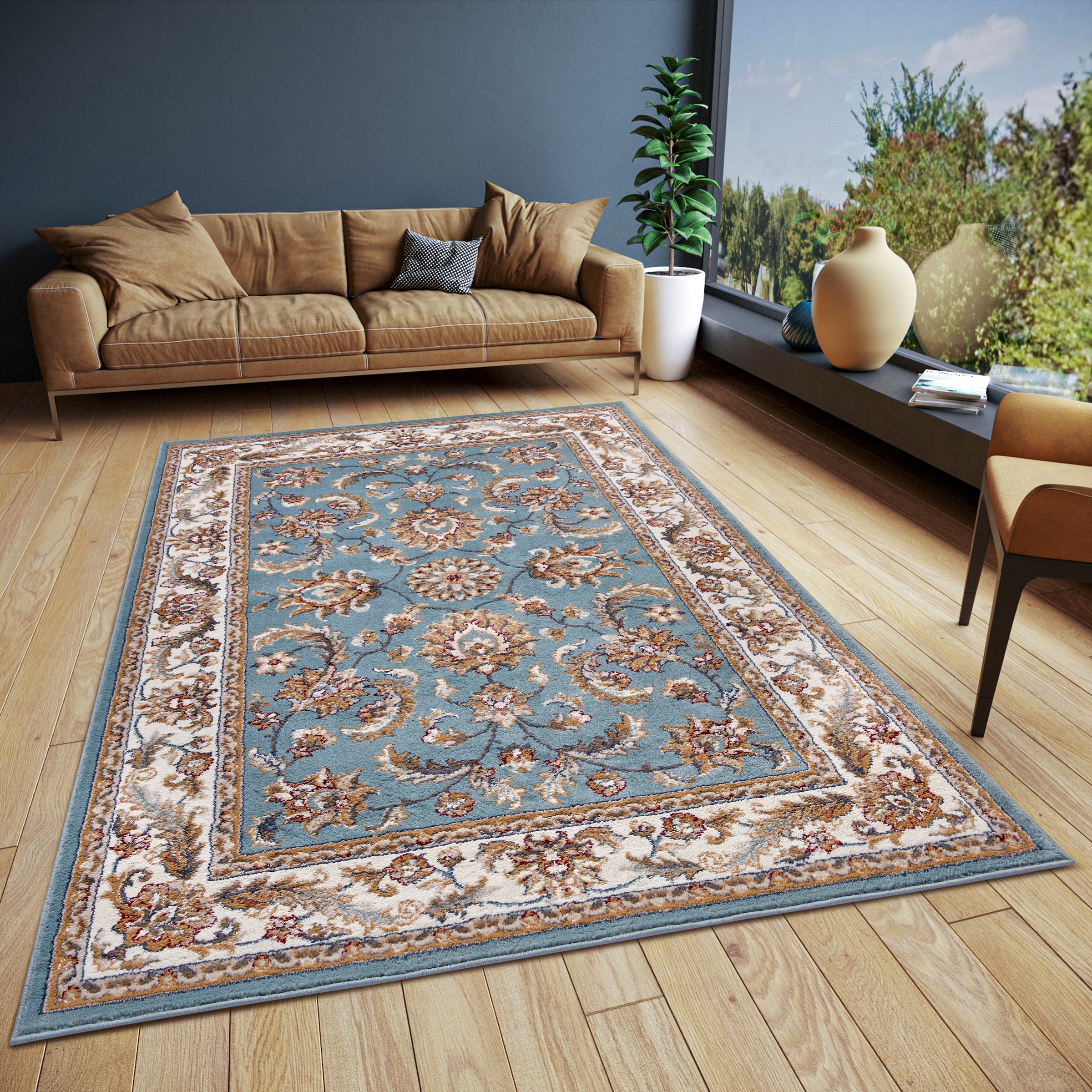 THE RUGS Reni Luxor Oriental Vintage Short Pile Living Room Rug Runner in Duck Egg Blue | Size: 200cm x 280cm