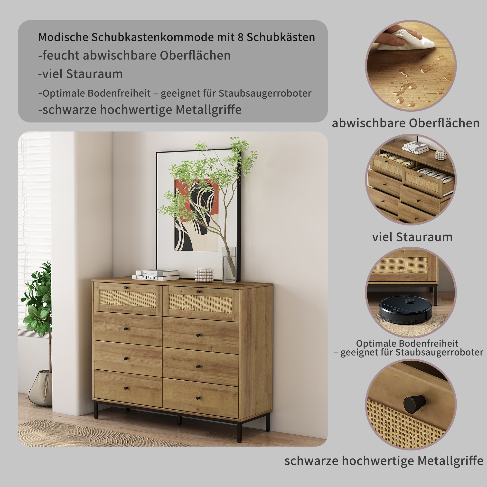 OTTO home Kombikommode »Motala Wäsche Schrank mit 8 Schubladen Sideboard BOHO Design« Eichen-Design mit schwarzen Griffen und Geflecht Schubladen,  Kommode Schrank Wäscheschrank mit 8 Schubladen
