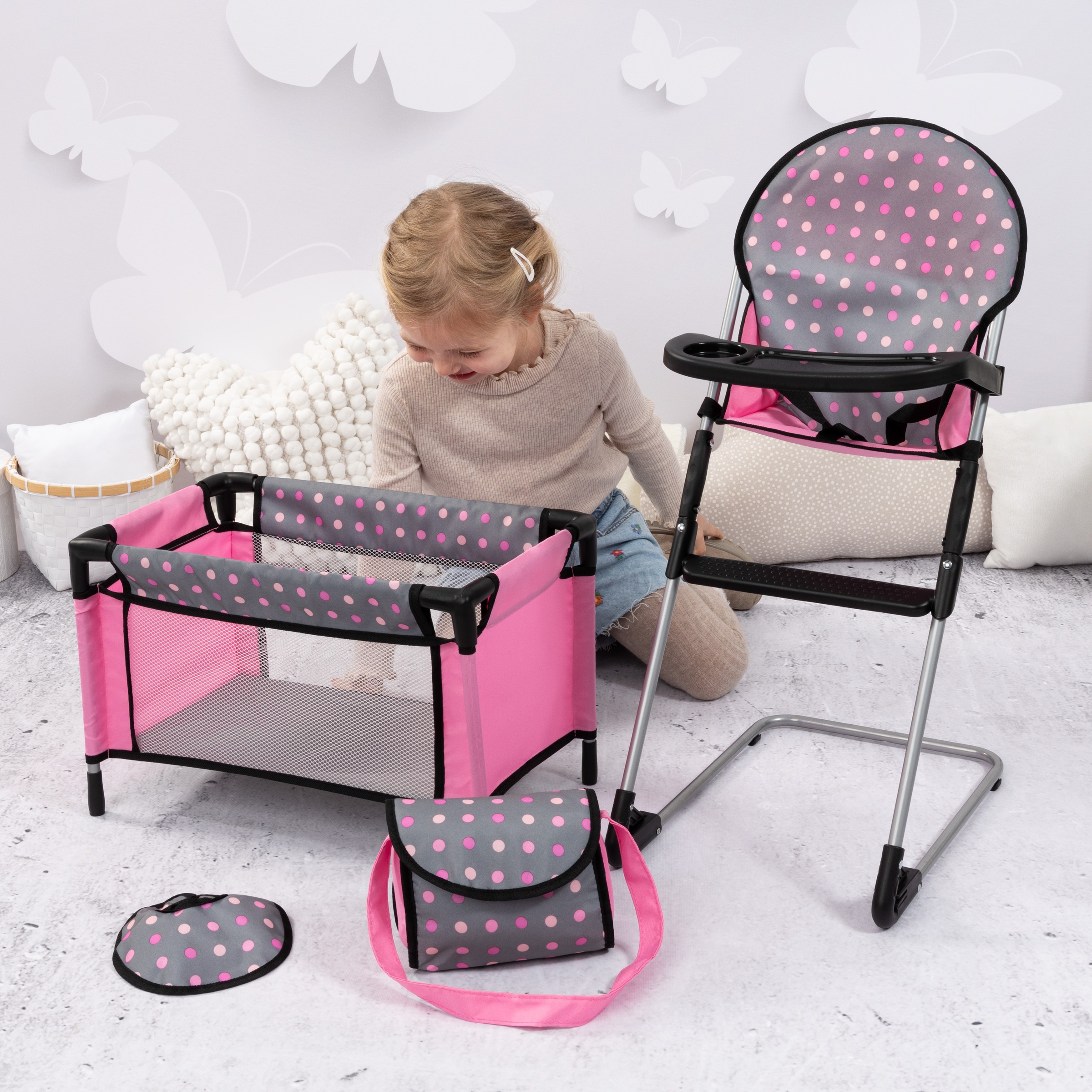 Bayer Puppenbett »Puppen-Reise-Set« inklusive Hochstuhl, Lätzchen und Umhängetasche