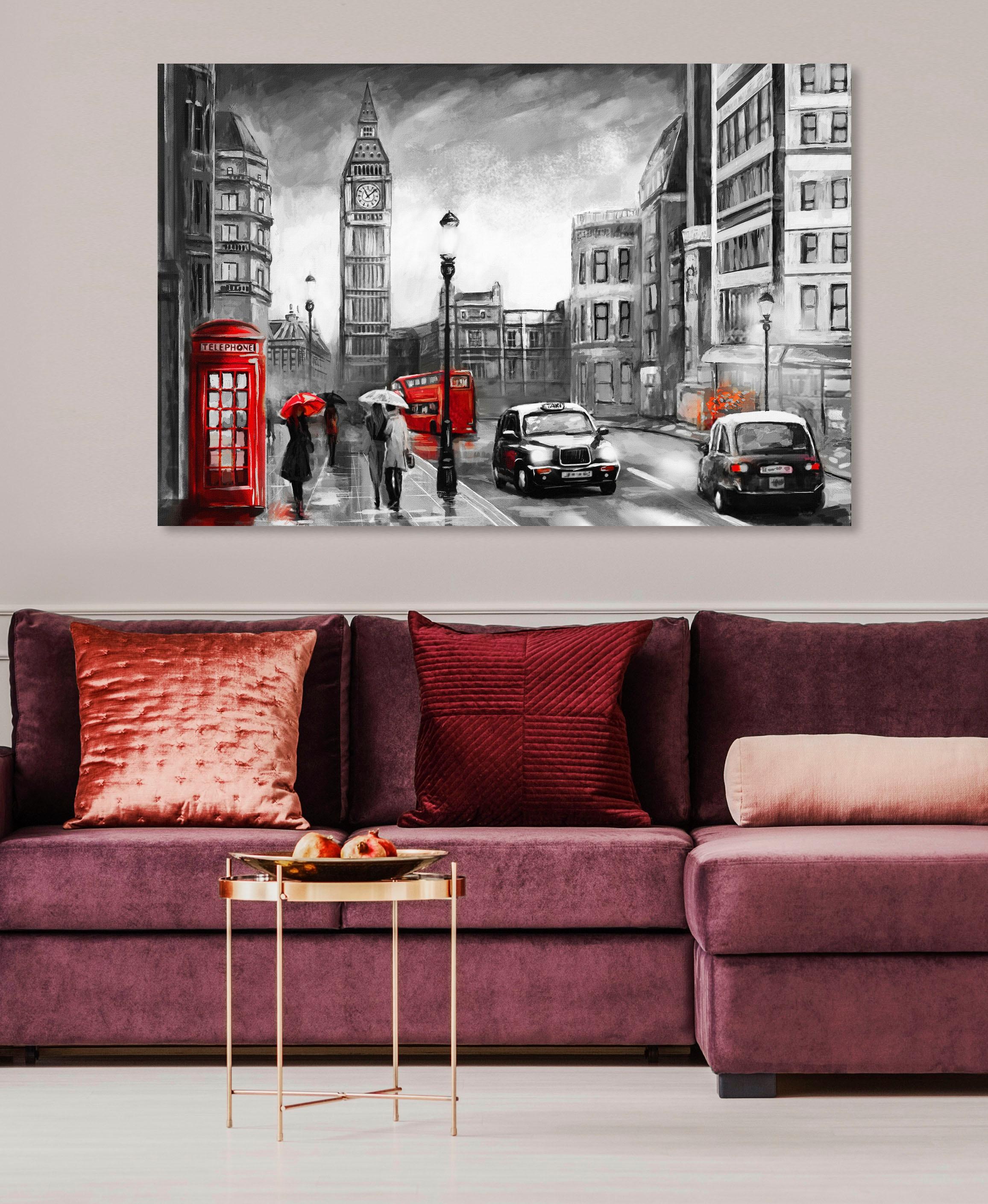 Places of Style Leinwandbild »London«, London-Schwarz-Weiß-Kunst-Modern-Fahrzeuge-Menschen-Rain-Städte, Premium-Leinwandstoff, Handarbeit aus Deutschland, 90x60cm