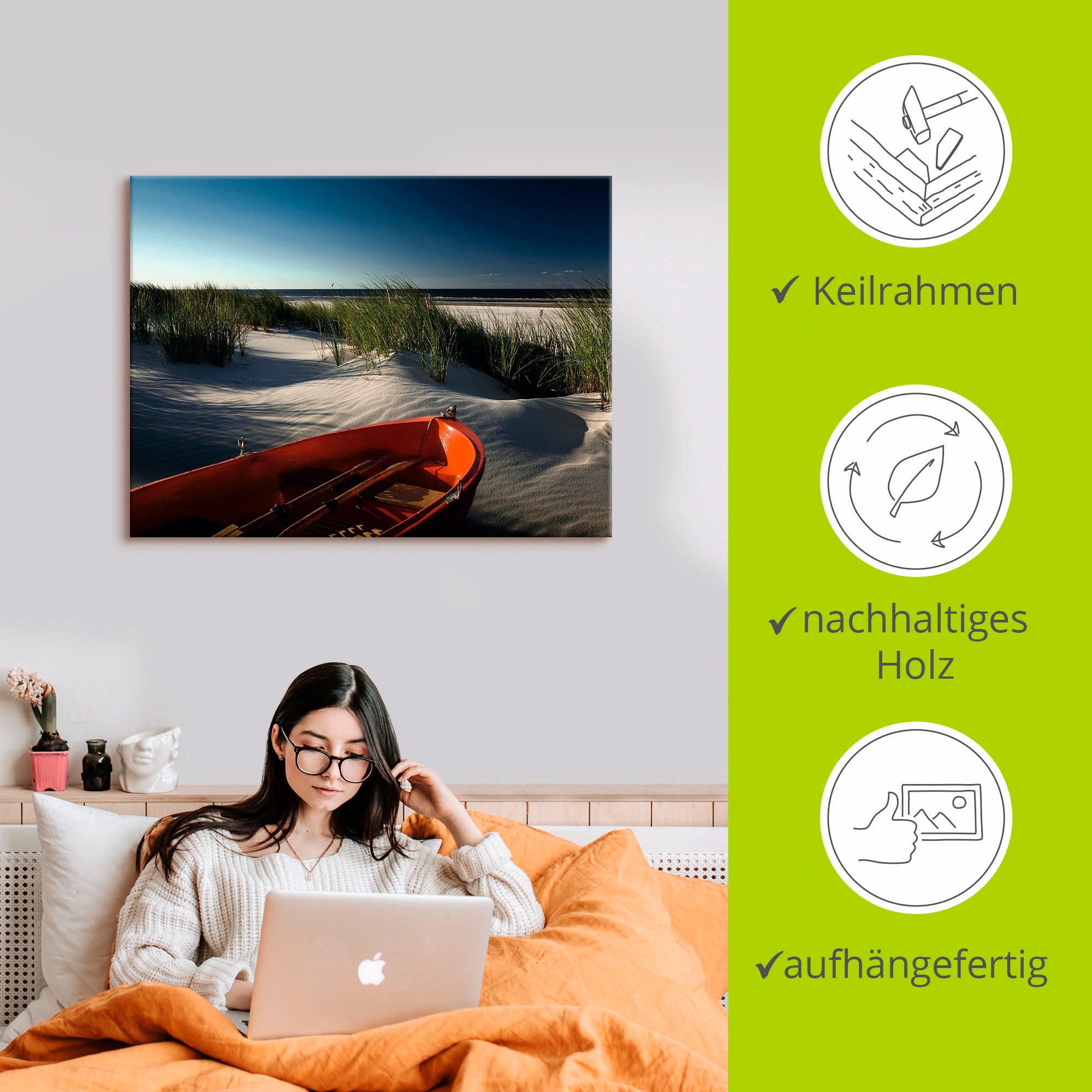 Artland Leinwandbild »Rotes Boot am Strand...« Boote & Schiffe 1 Stk. tlg. auf Holzrahmen gespannt