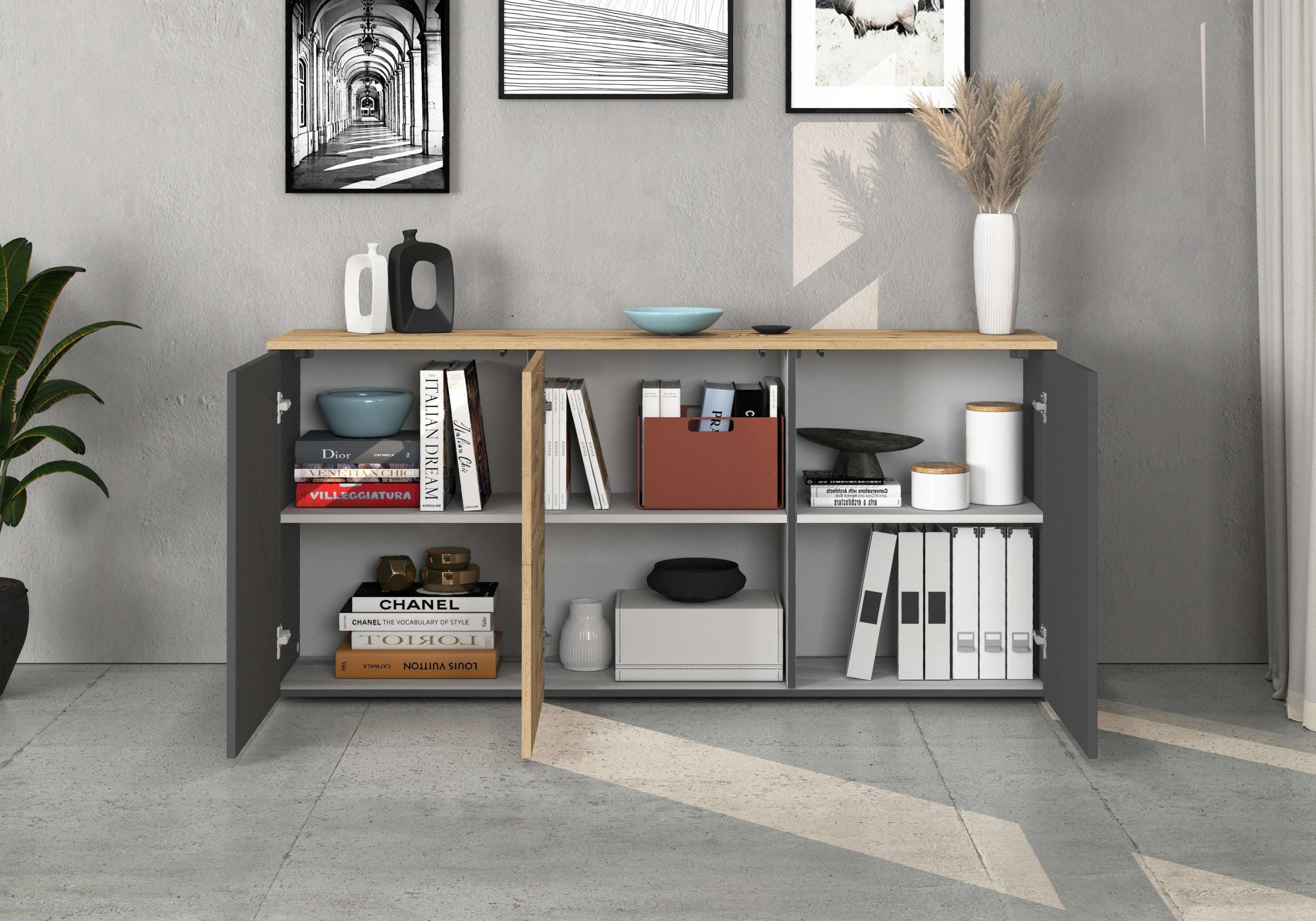 OTTO home Sideboard »ISEO, Kommode, Schrank, Sideboard, Lowboard, 6 Fächer, Breite 150 cm« 1 Stk. tlg. stehend/hängend, 3 Türen, 6 Fächer, Breite 150 cm