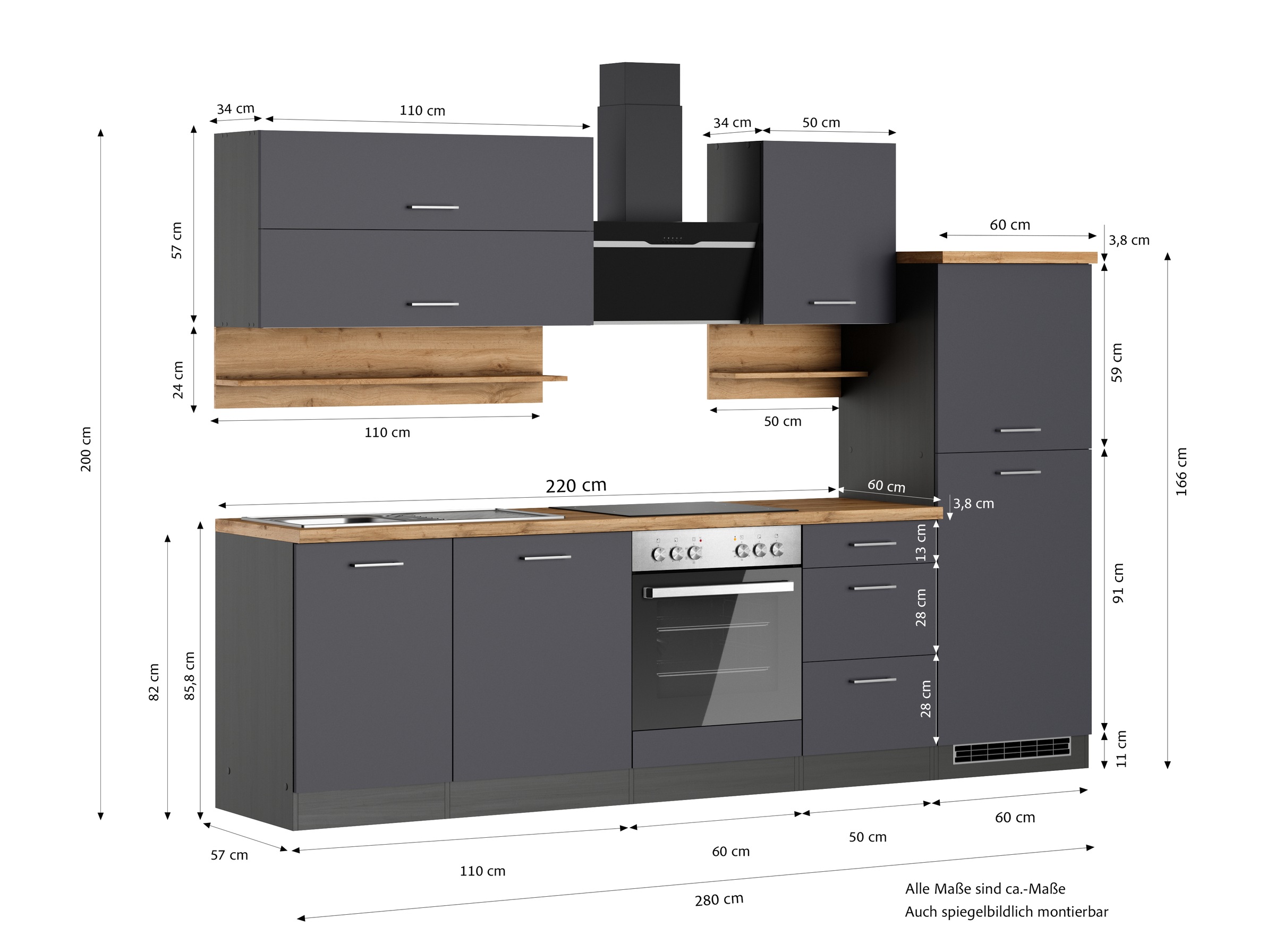 KOCHSTATION Küchenzeile »KS-Milan« 280 cm breit, robuste Metallauszüge, viel Stauraum