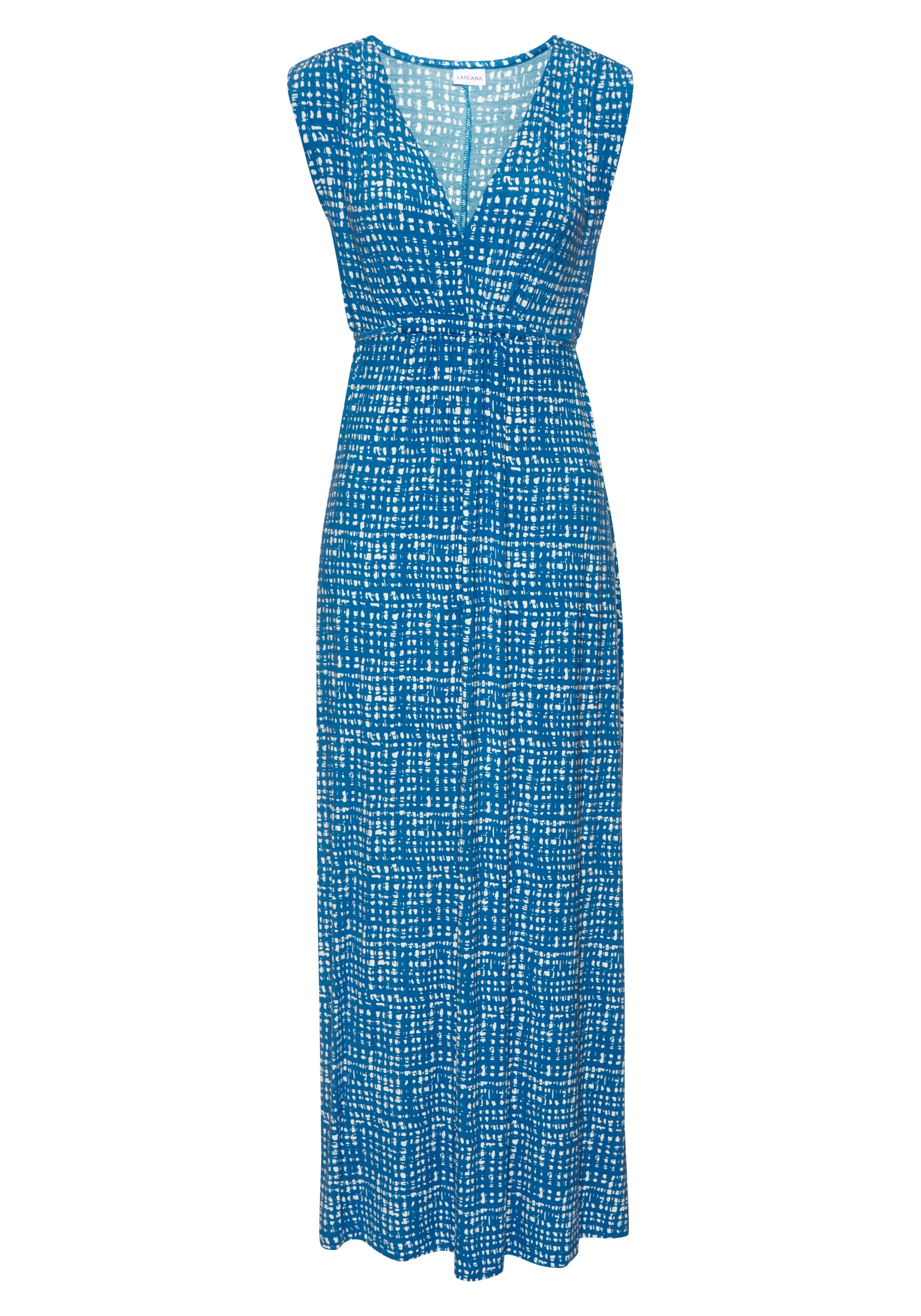 LASCANA Maxikleid »mit Alloverdruck und Tunnelzug unter der Brust« Ohne Taschen langes Sommerkleid, Druckkleid, ärmelloses Jerseykleid